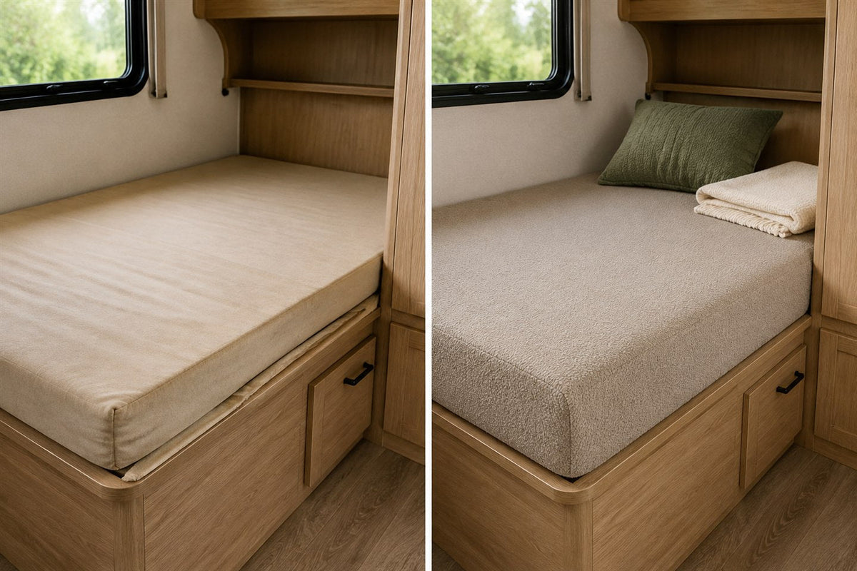 Worn RV bunk cushion beside a fresh custom-fit replacement mattress