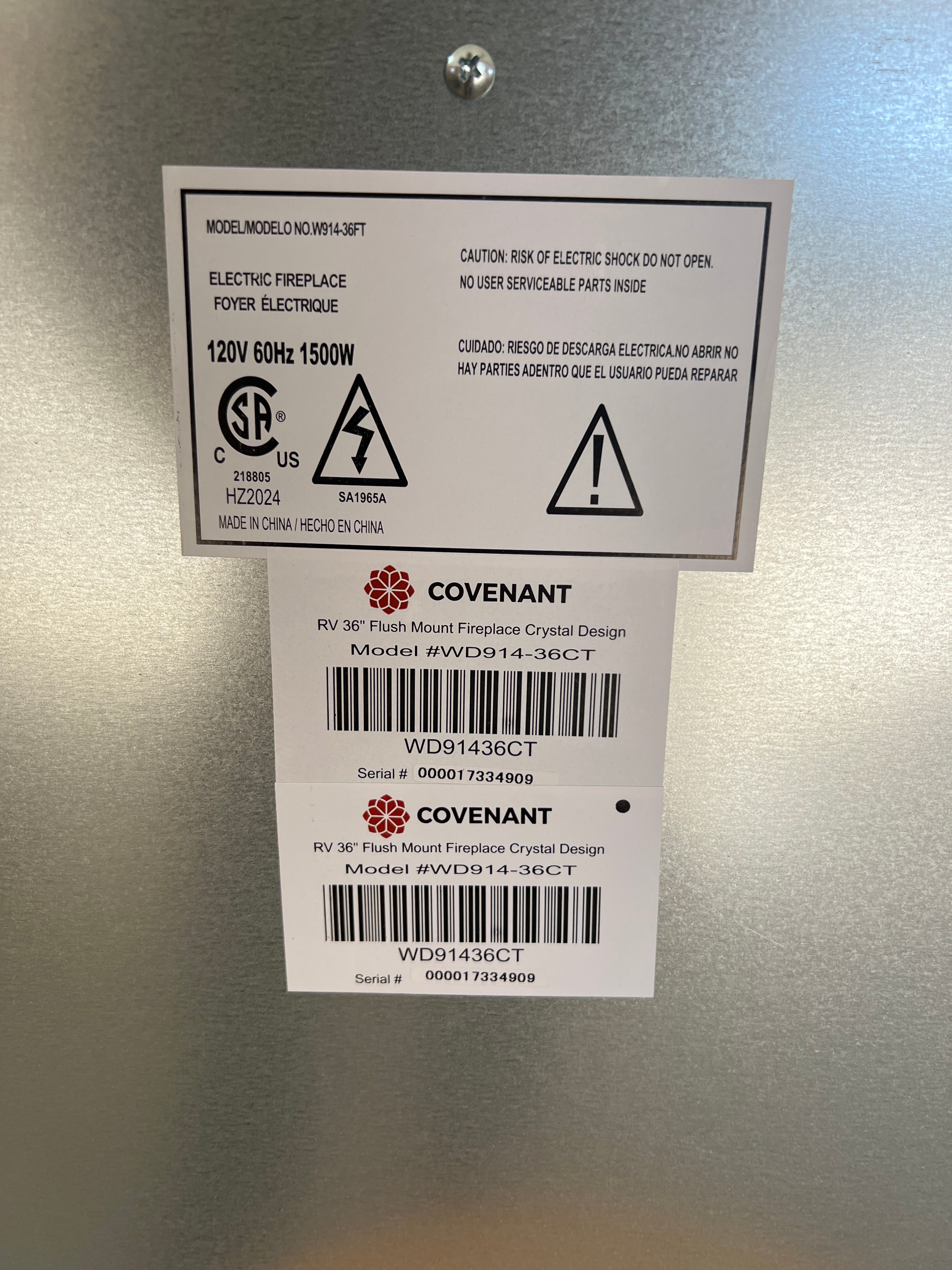 Covenant 36" Electric RV Fireplace Flat Front with Crystals and Remote Control LFP36-CT WD914-36CT