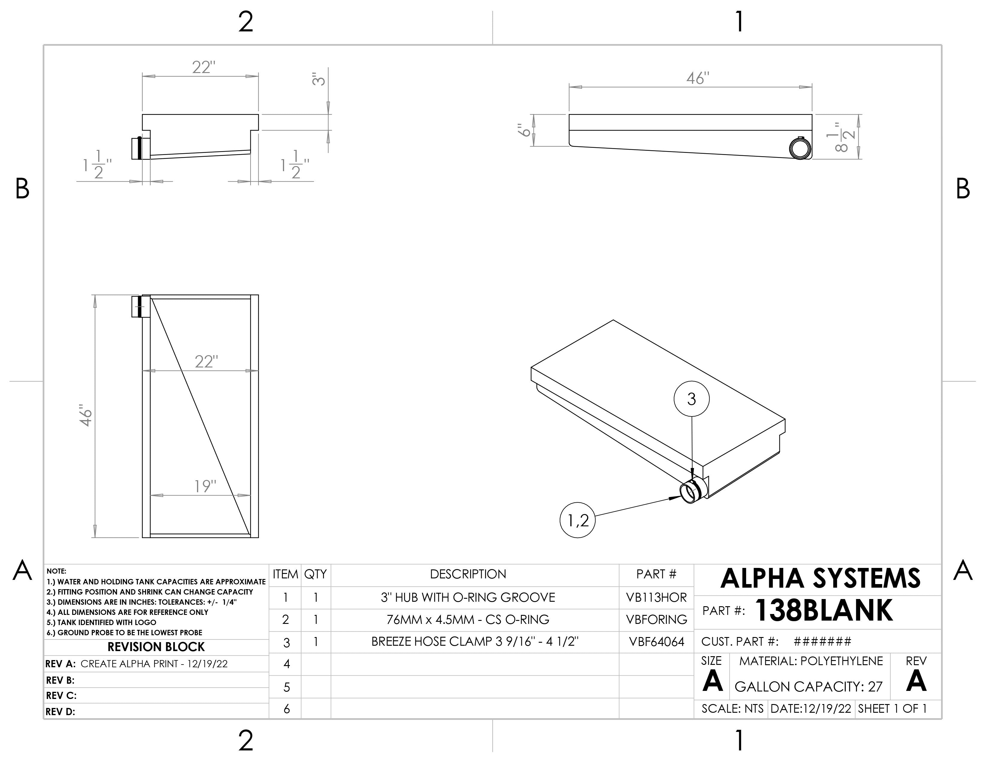 Alpha - 27 Gallons Holding Tank - 46" x 22" x 8 1/2" - 138BLANK
