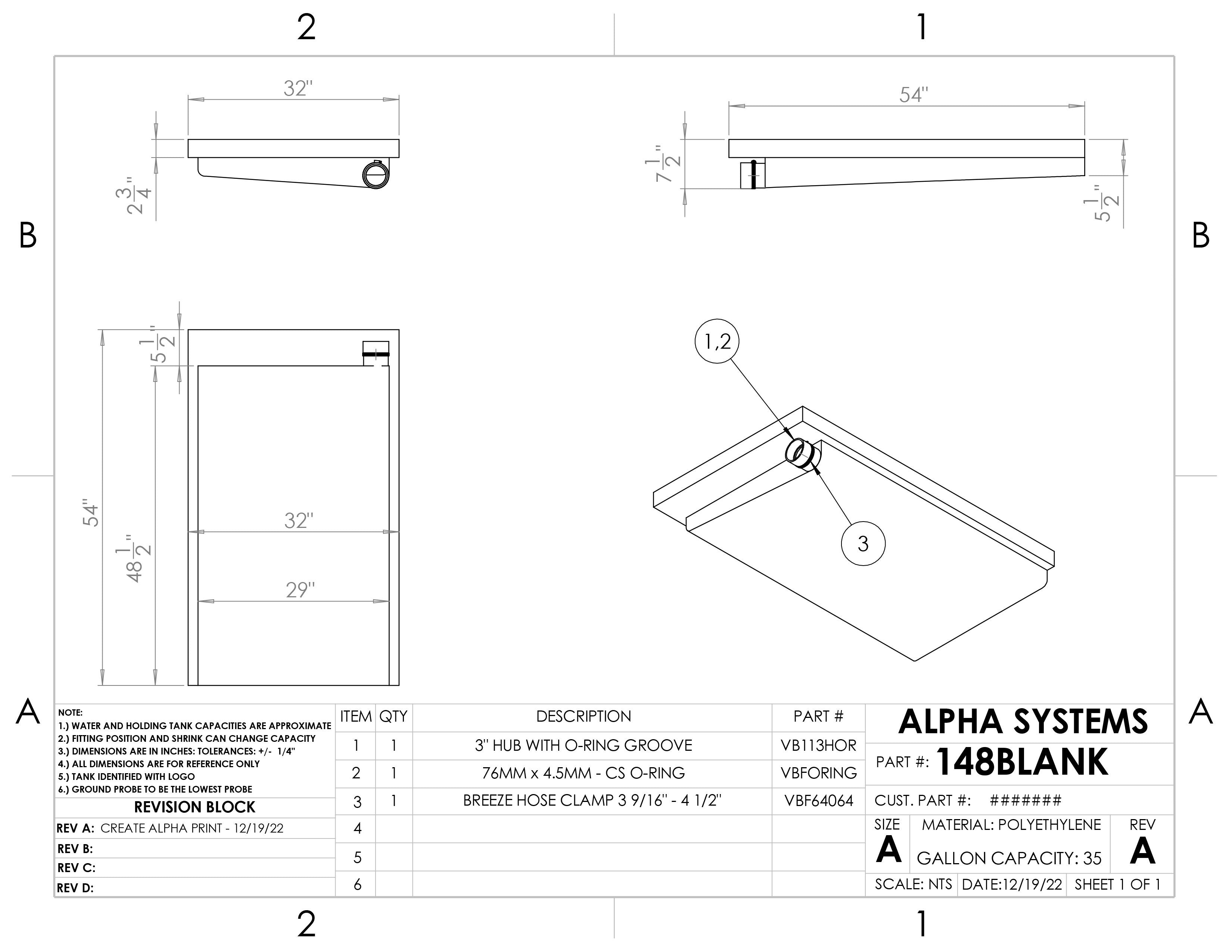 Alpha - 35 Gallons Holding Tank - 54" x 32" x 7 1/2" - 148BLANK