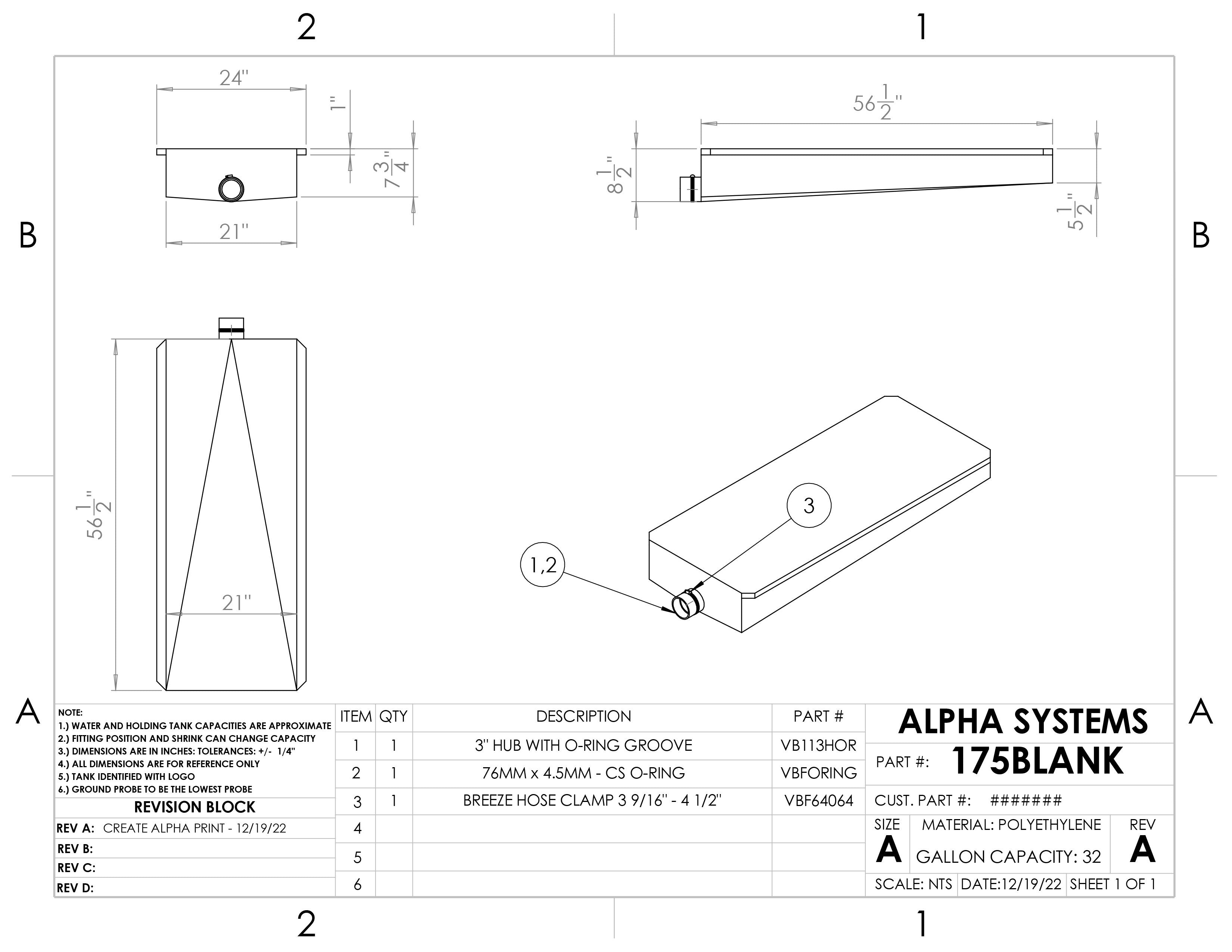 Alpha - 32 Gallons Holding Tank - 56 1/2" x 24" x 8 1/2" - 175BLANK