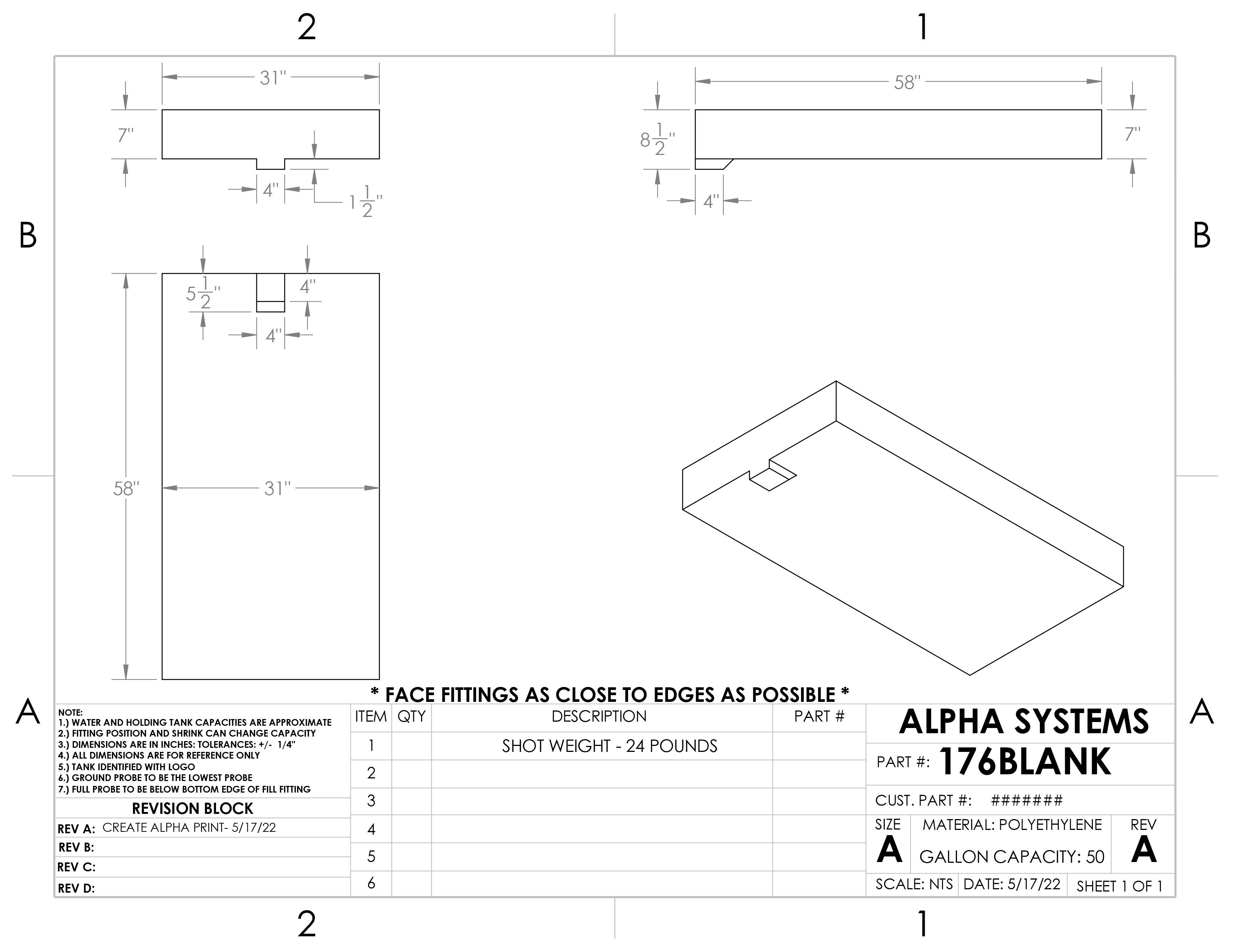 Alpha - 50 Gallons Fresh Water Tank - 58" x 31" x 8 1/2"* - 176BLANK