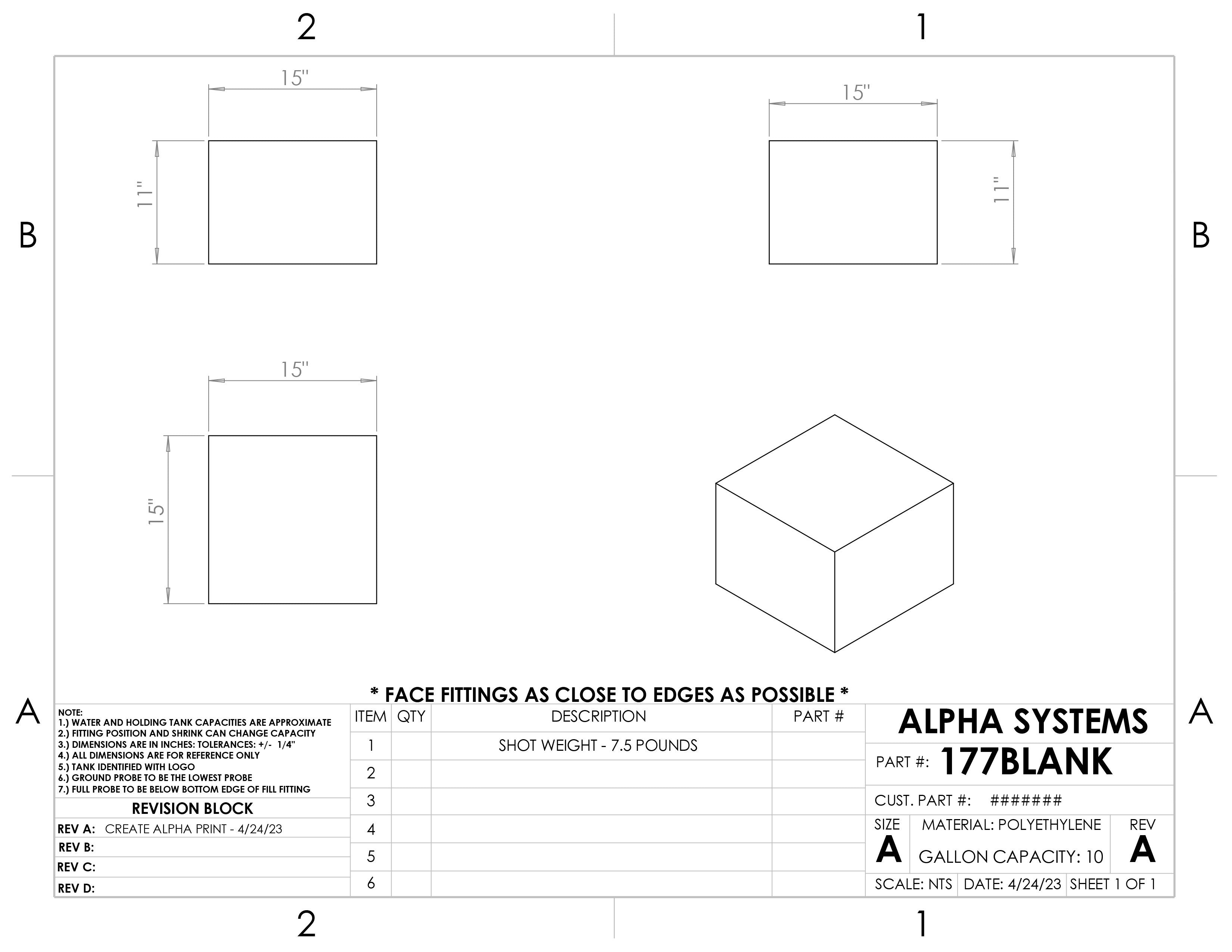 Alpha - 10 Gallons Fresh Water Tank - 15" x 15" x 11" - 177BLANK