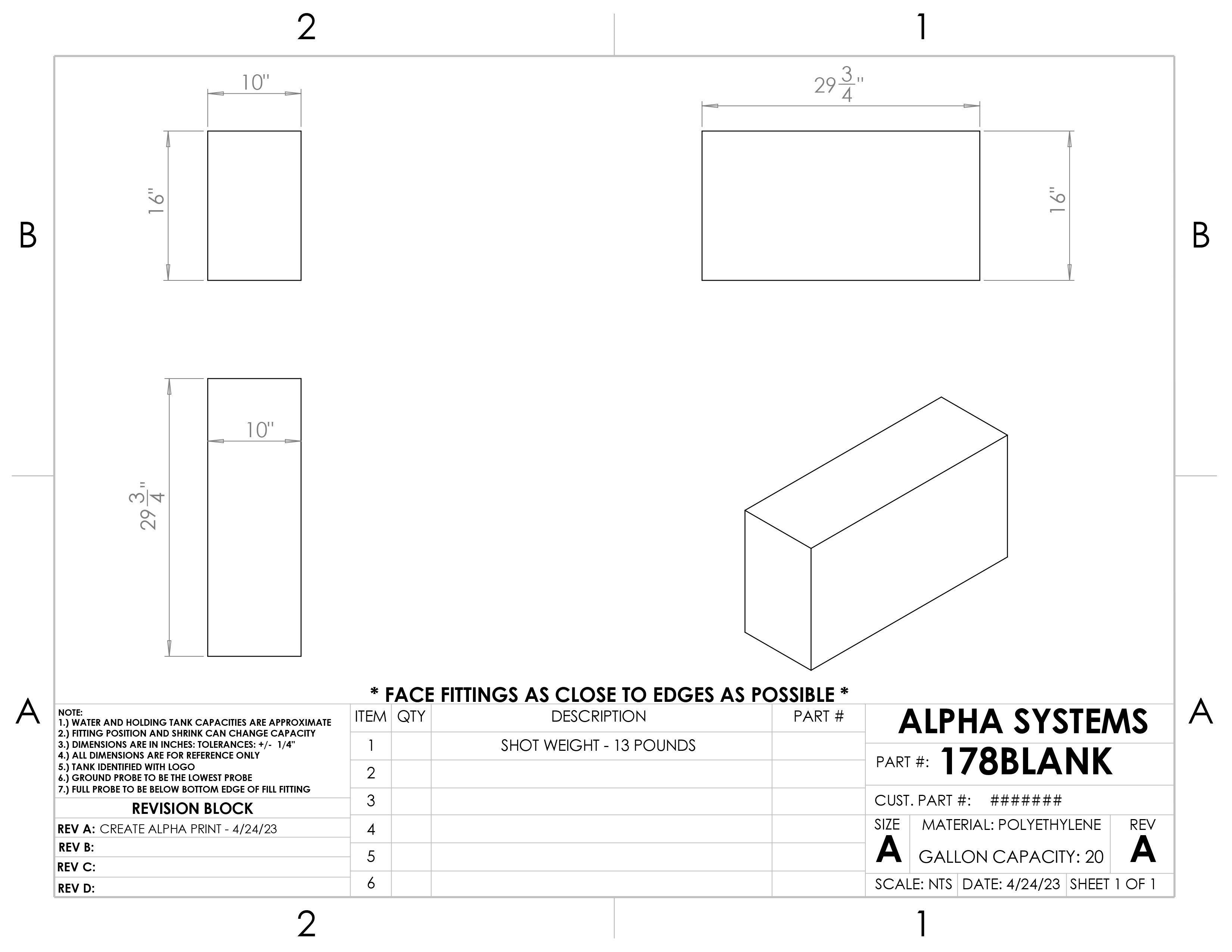 Alpha - 20 Gallons Fresh Water Tank - 29 3/4" x 10" x 16" - 178BLANK