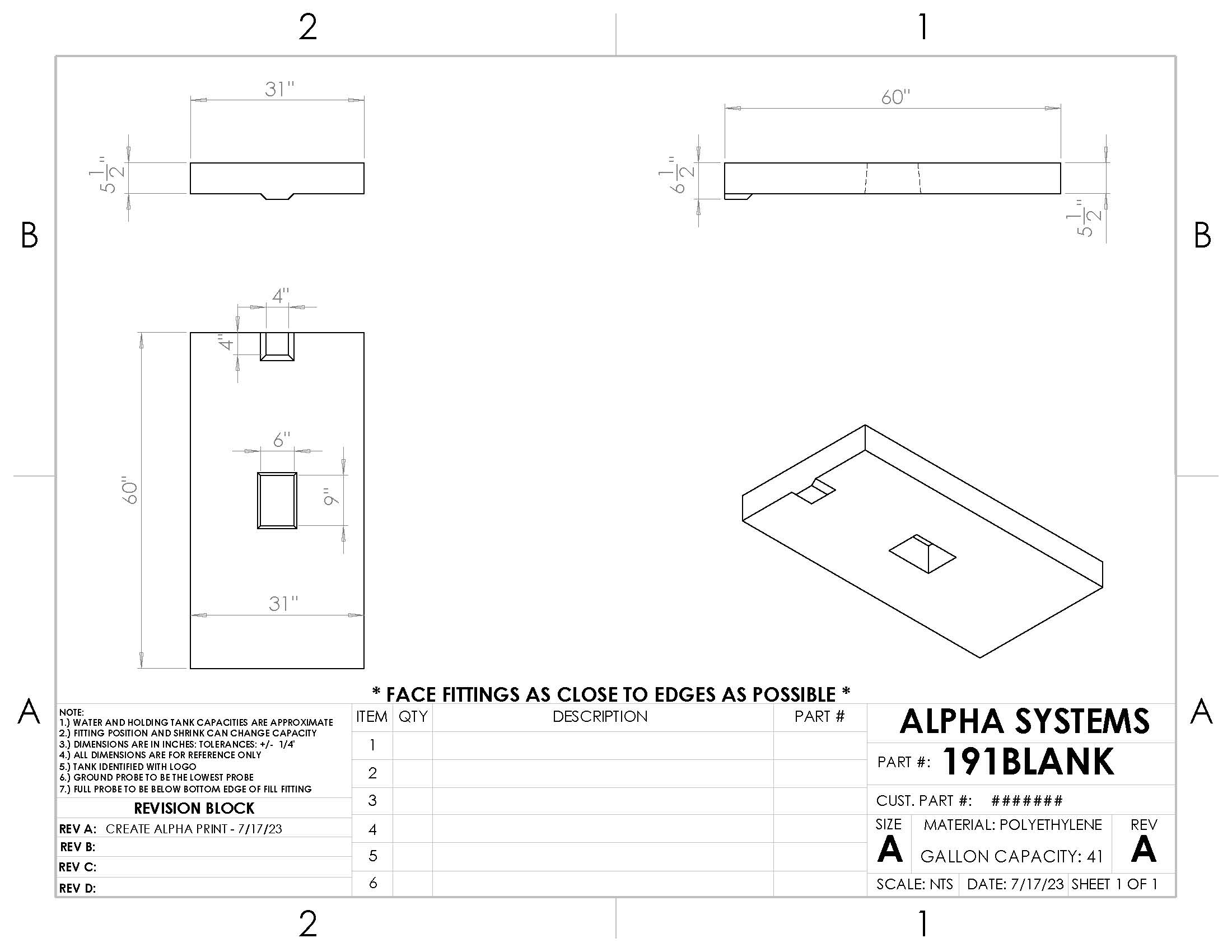 Alpha - 41 Gallons Fresh Water Tank - 60" x 31" x 6 1/2* - 191BLANK