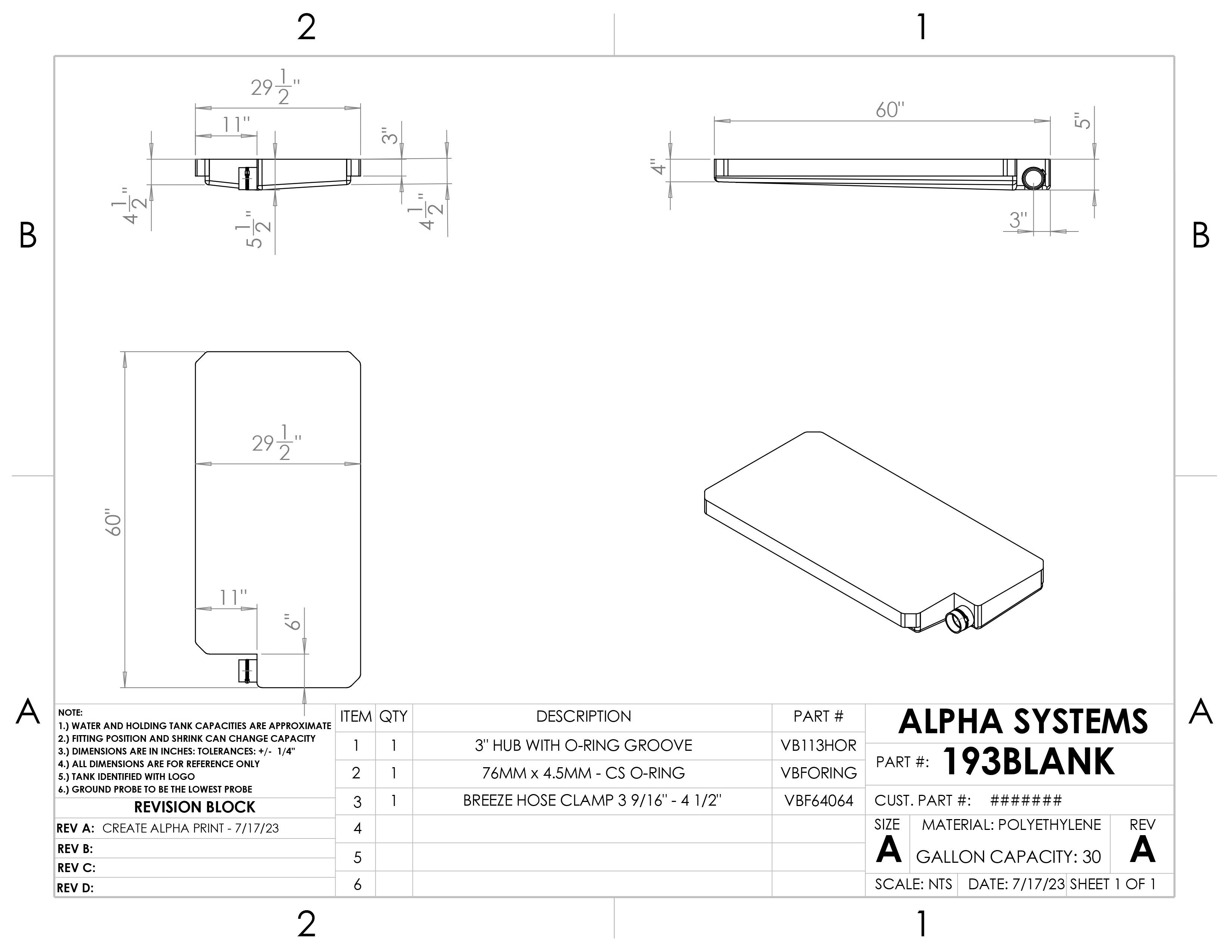 Alpha - 30 Gallons Holding Tank - 60" x 29 1/2" x 5 1/2" - 193BLANK