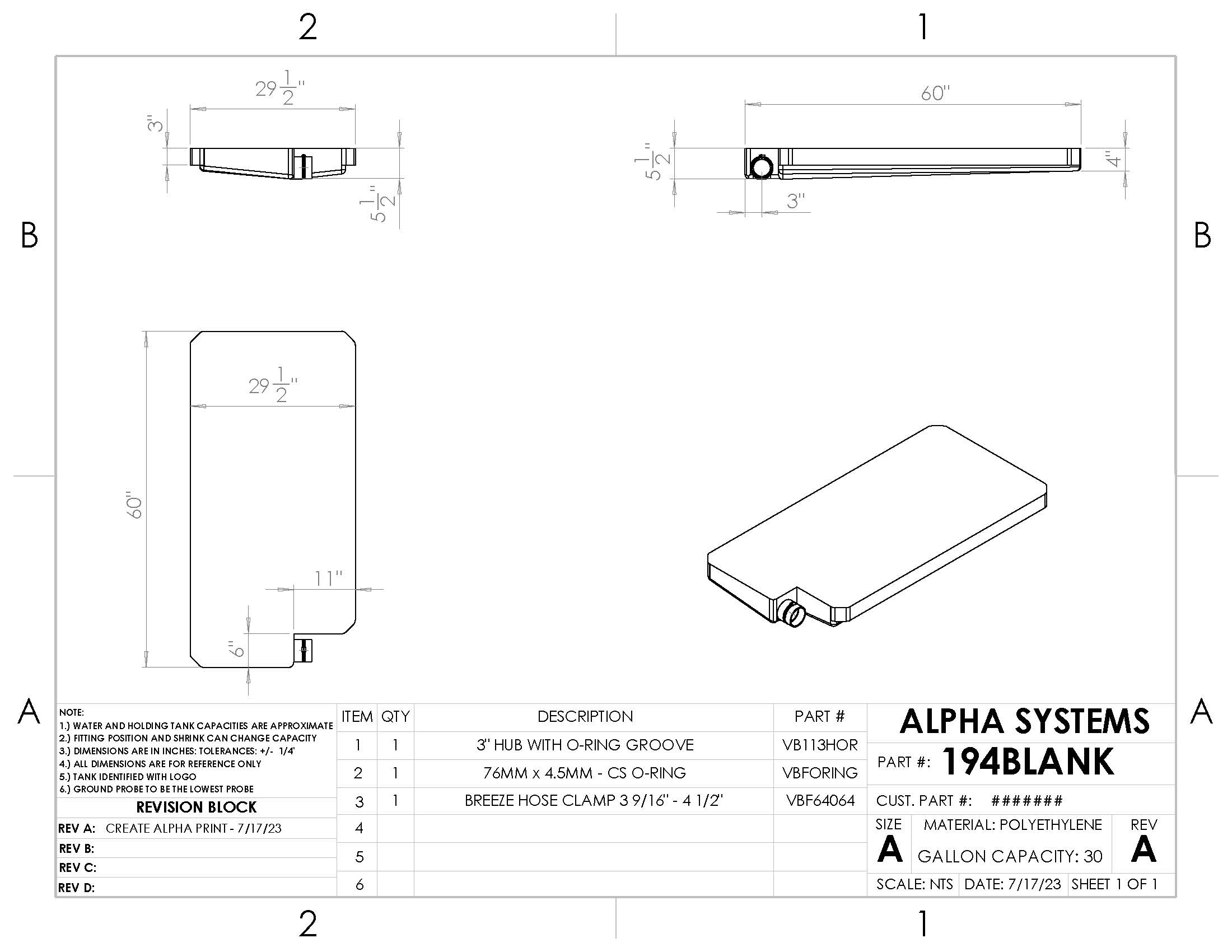 Alpha - 30 Gallons Holding Tank - 60" x 29 1/2" x 5 1/2" - 194BLANK