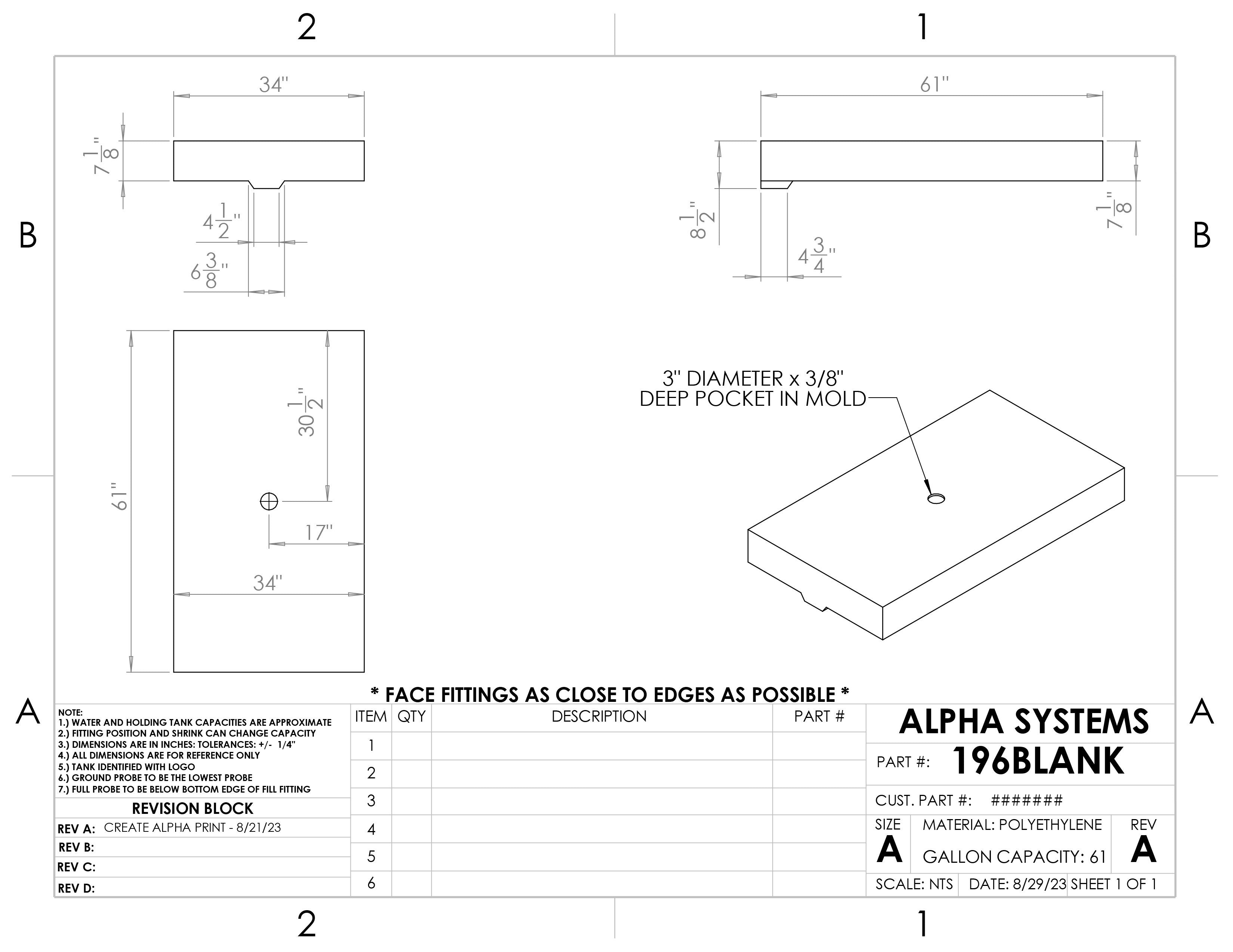 Alpha - 61 Gallons Fresh Water Tank - 61" x 34" x 8 1/2"* - 196BLANK