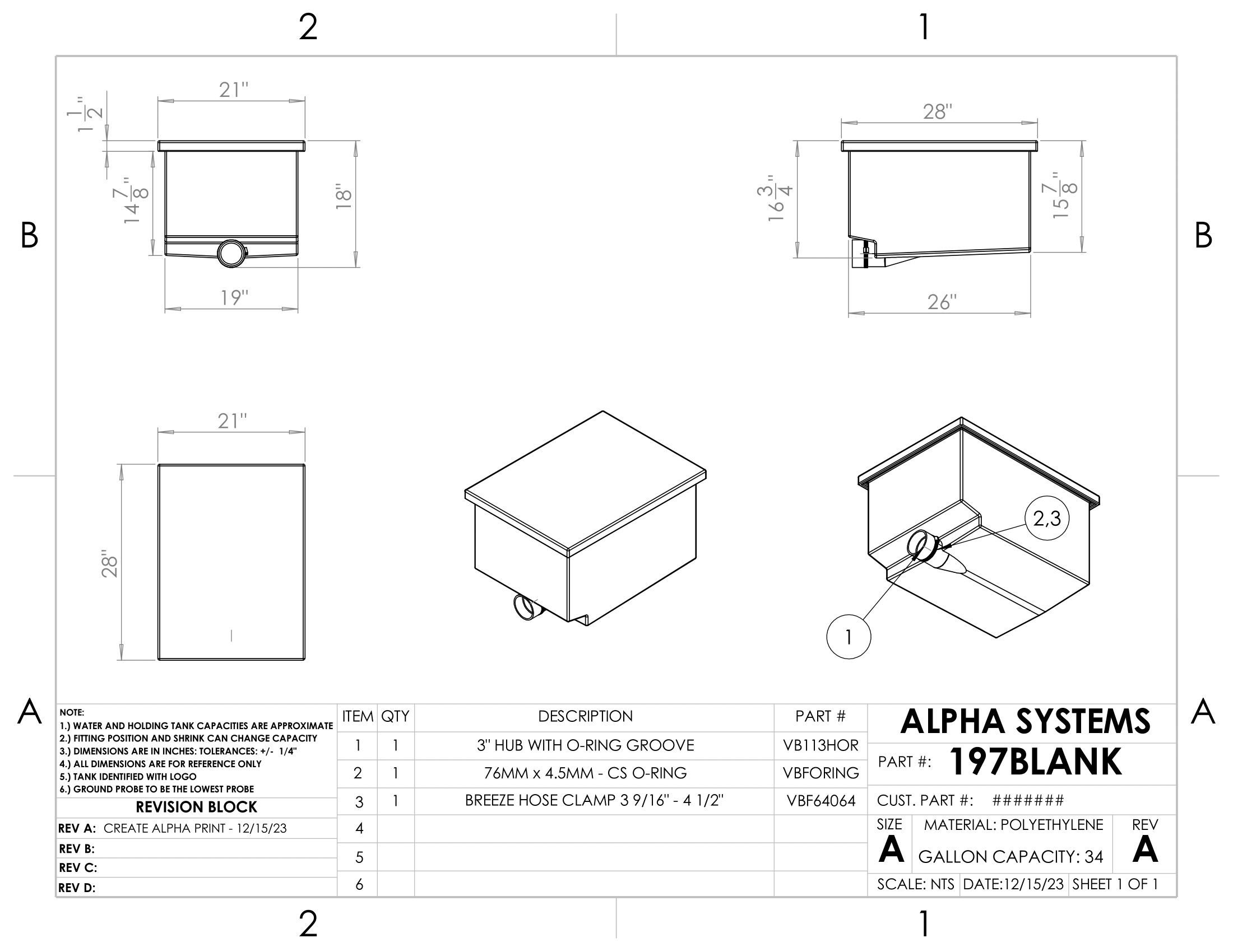 Alpha - 34 Gallons Holding Tank - 28" x 21" x 18 3/4" - 197BLANK