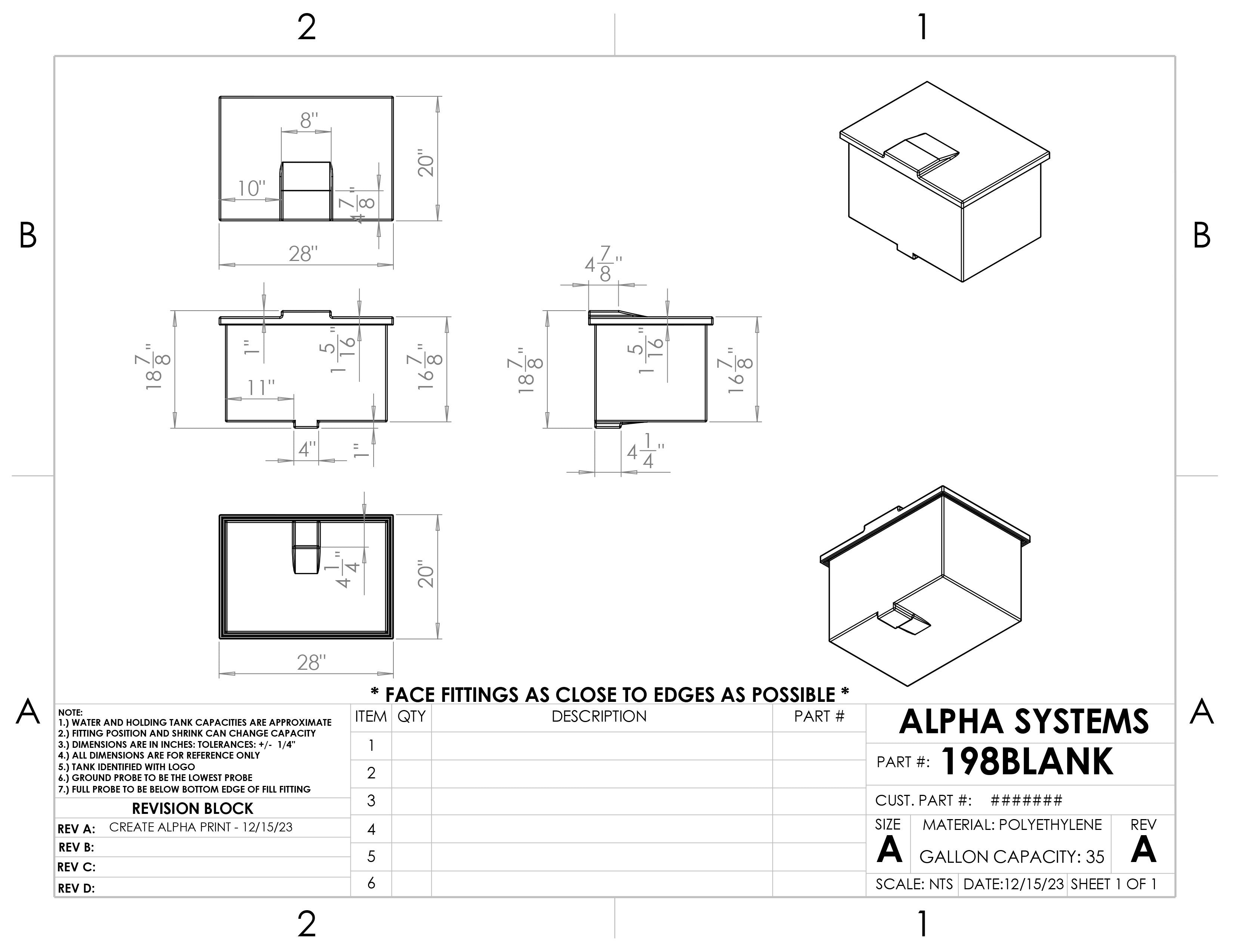 Alpha 35 Gallon RV Fresh Water Tank - 28x20x19 - 198BLANK FDA Approved