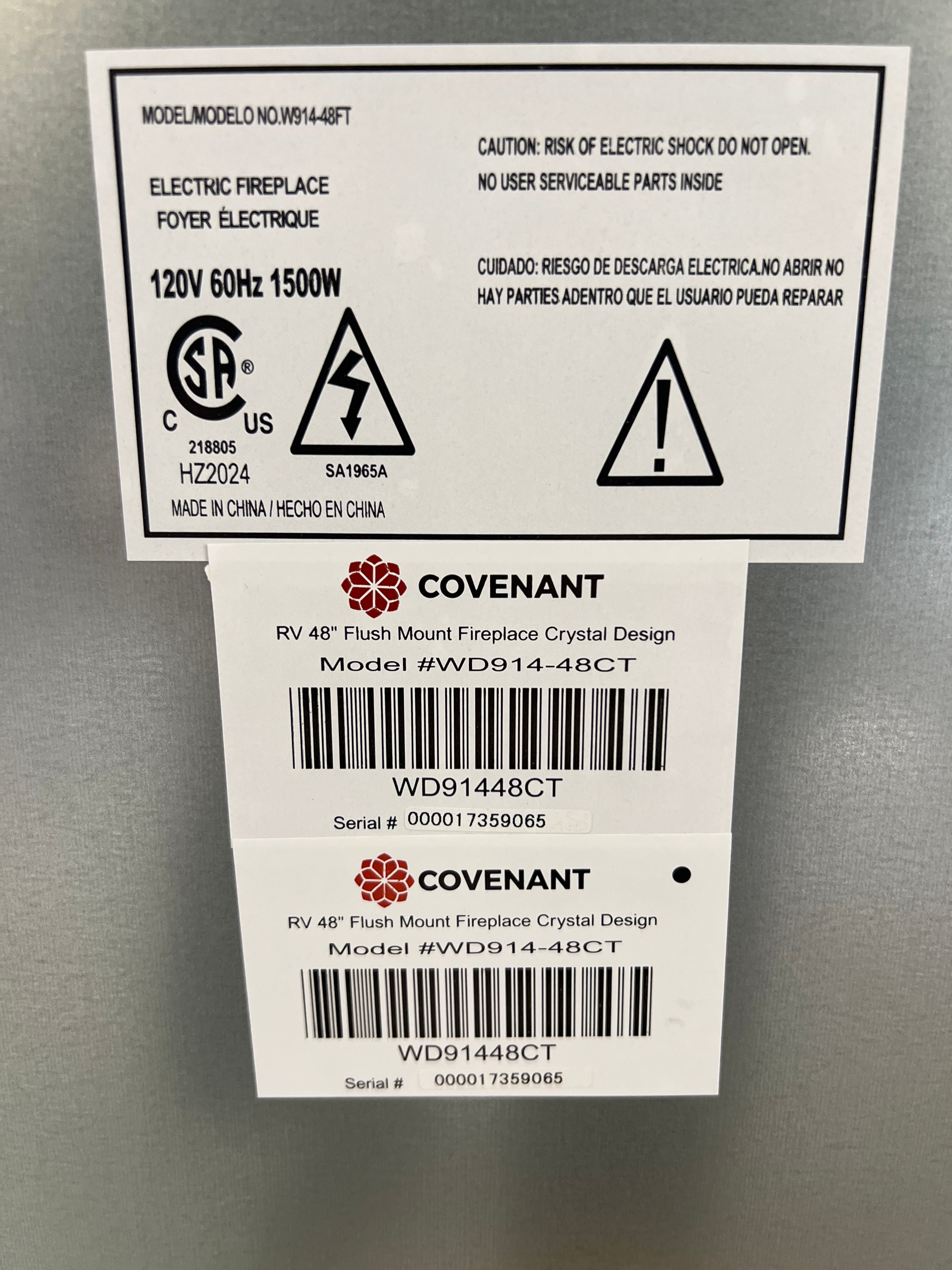 Covenant 48" Electric RV Fireplace Flat Front with Crystals and Remote Control LFP48-CT WD914-48FT