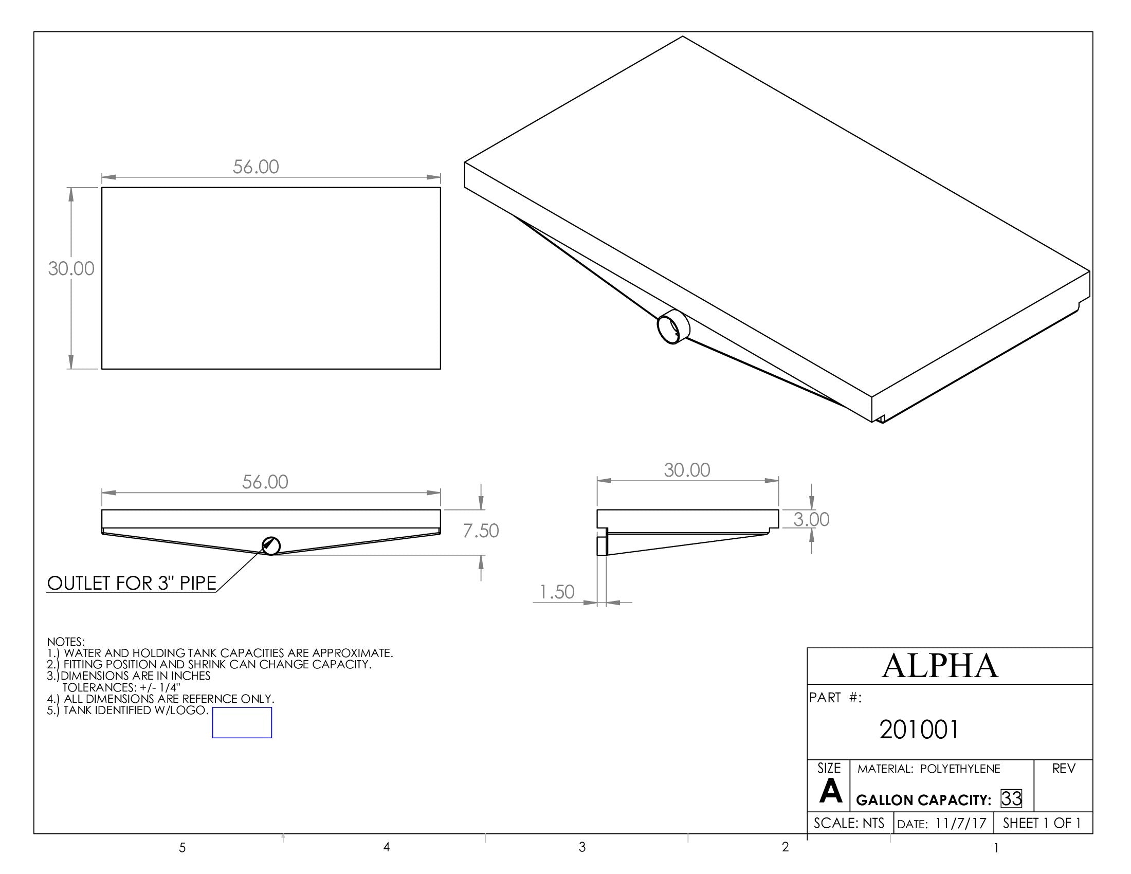 Alpha 33 Gallon RV Holding Tank - 56" x 30" x 7.5" - OEM Grade Black Water Tank 201BLANK