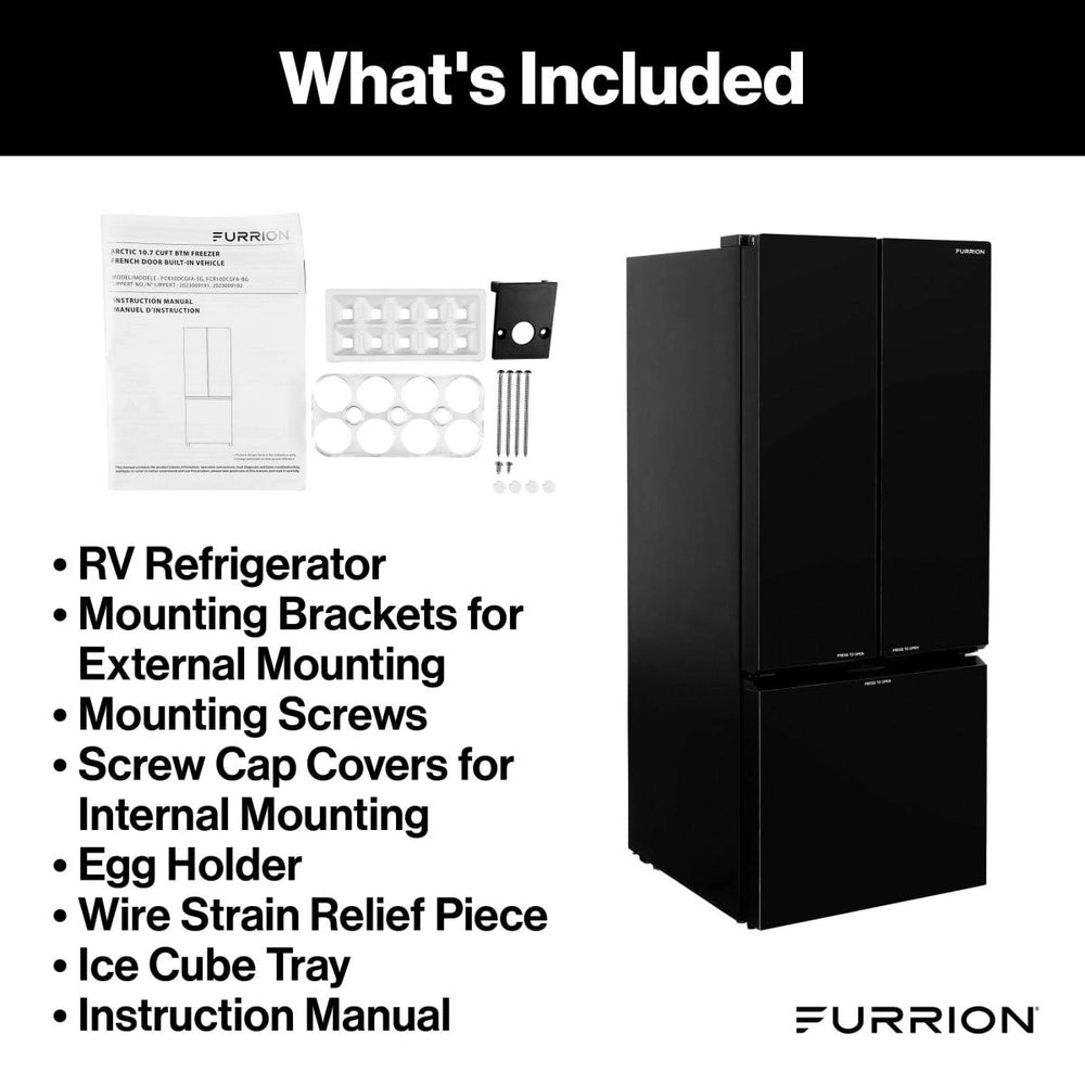 Furrion 10.7 Cuft 12V Fridge / French Door, Blk Glass