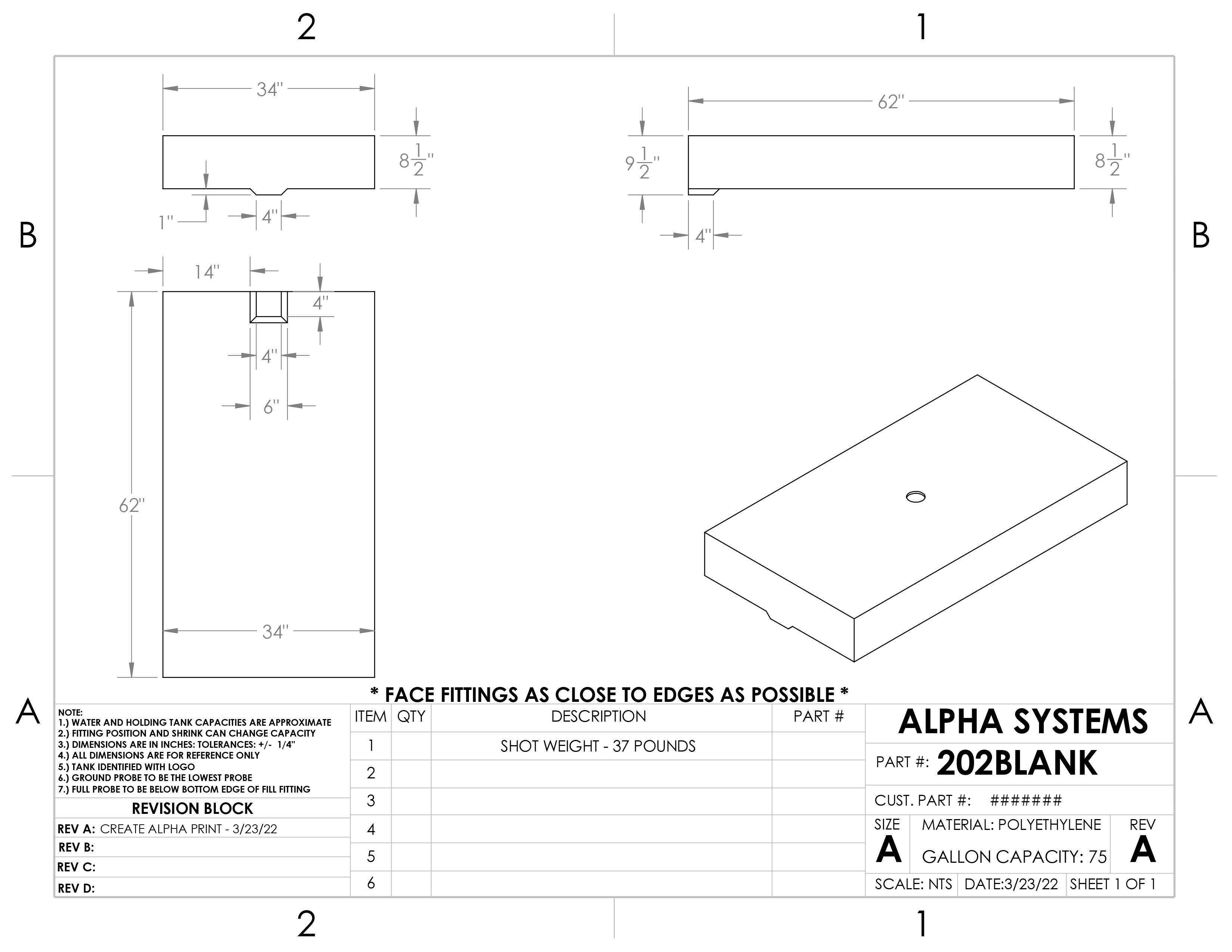 Alpha - 75 Gallons Fresh Water Tank - 62" x 34" x 9 1/2"* - 202BLANK