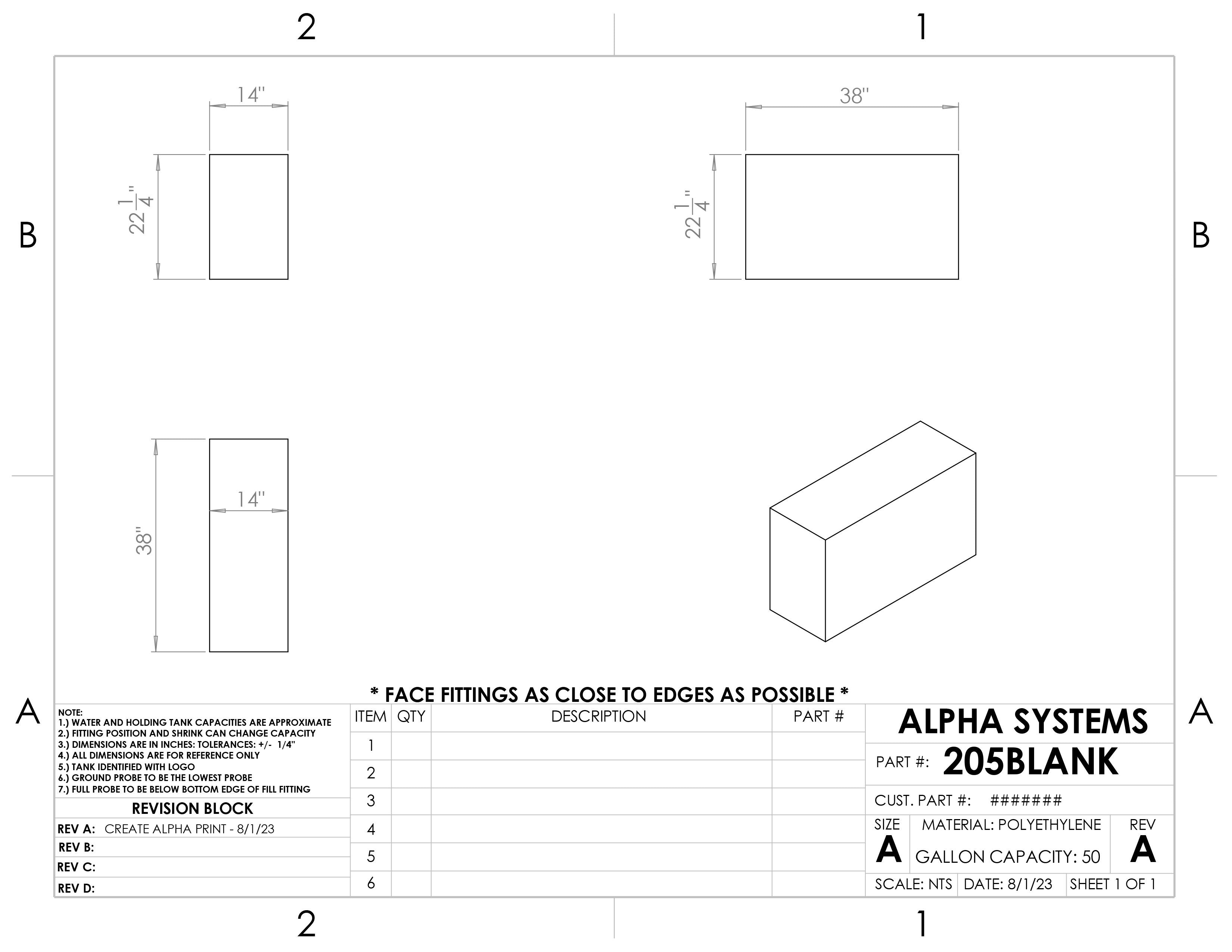 Alpha - 50 Gallons Fresh Water Tank - 38" x 22 1/4" x 14" - 205BLANK