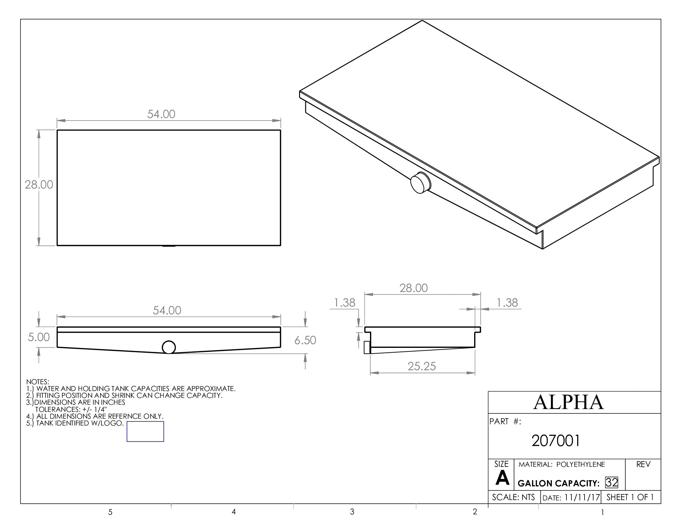 Alpha - 32 Gallon RV Holding Tank - 54.25" x 28.25" x 6.625" - OEM Grade Black Water Tank 207BLANK
