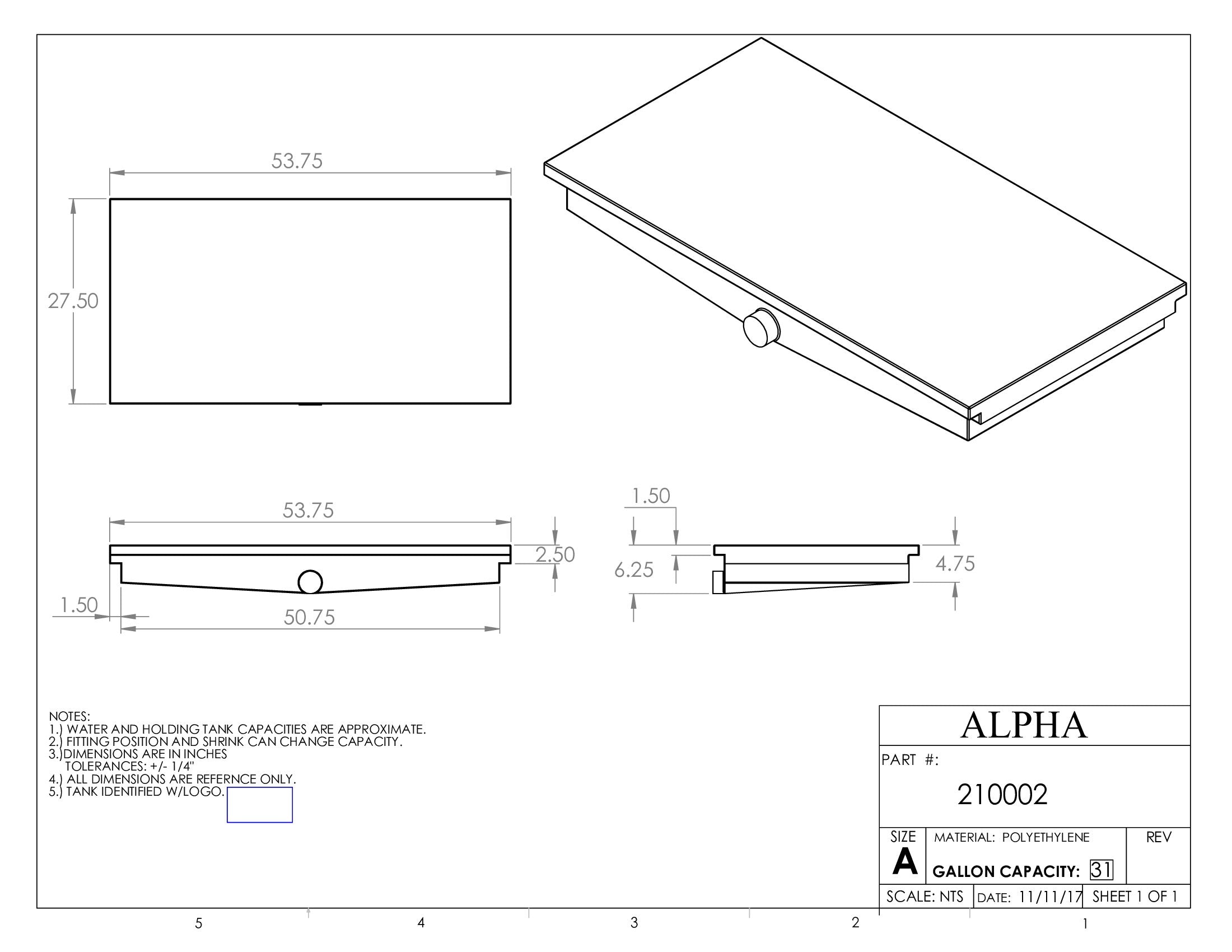 Alpha - 29 Gallons Fresh Water Tank - 53 3/4" x 27 1/2" x 6 1/4" - 210BLANK