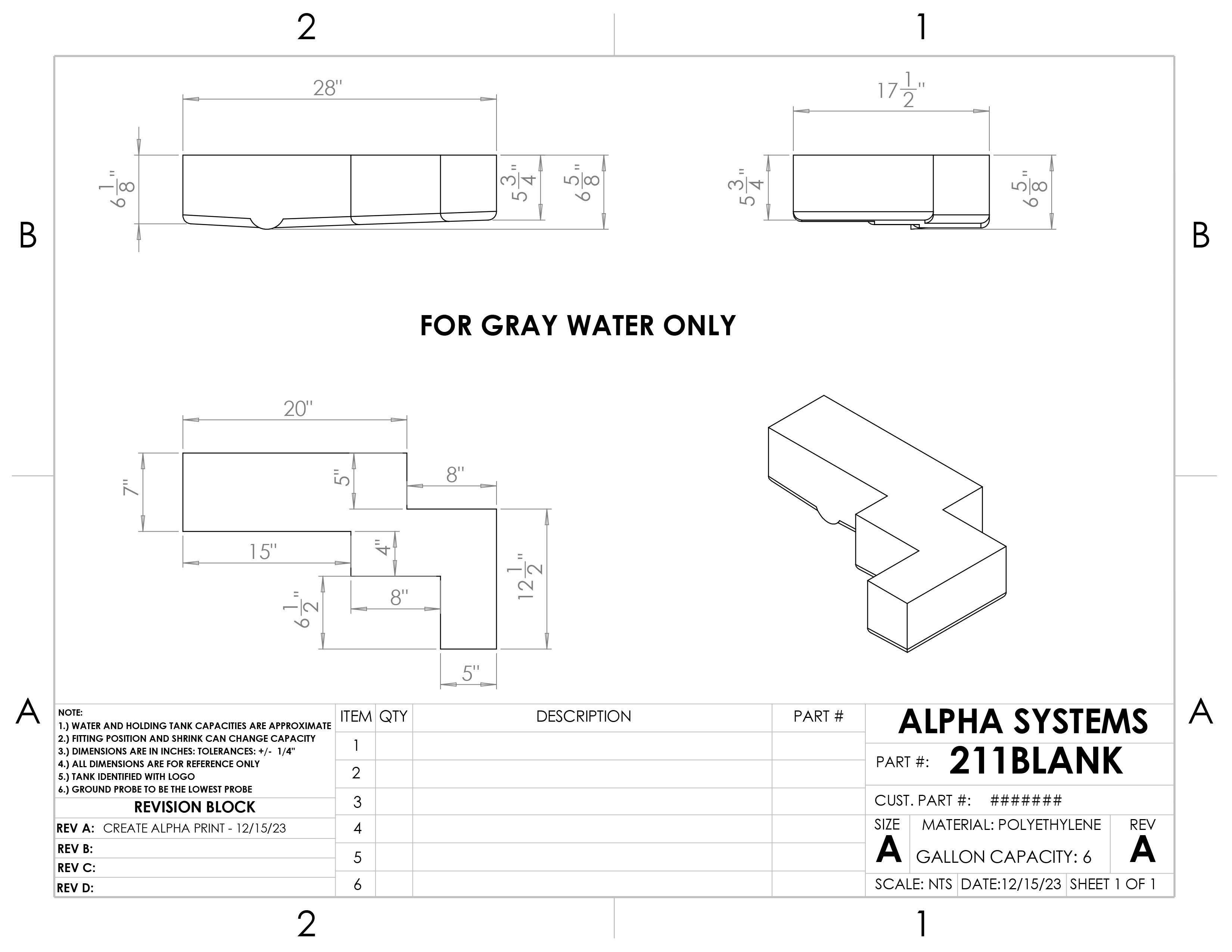 Alpha - 6 Gallons Holding Tank - 28" x 17 1/2" x 6 5/8"* - 211BLANK