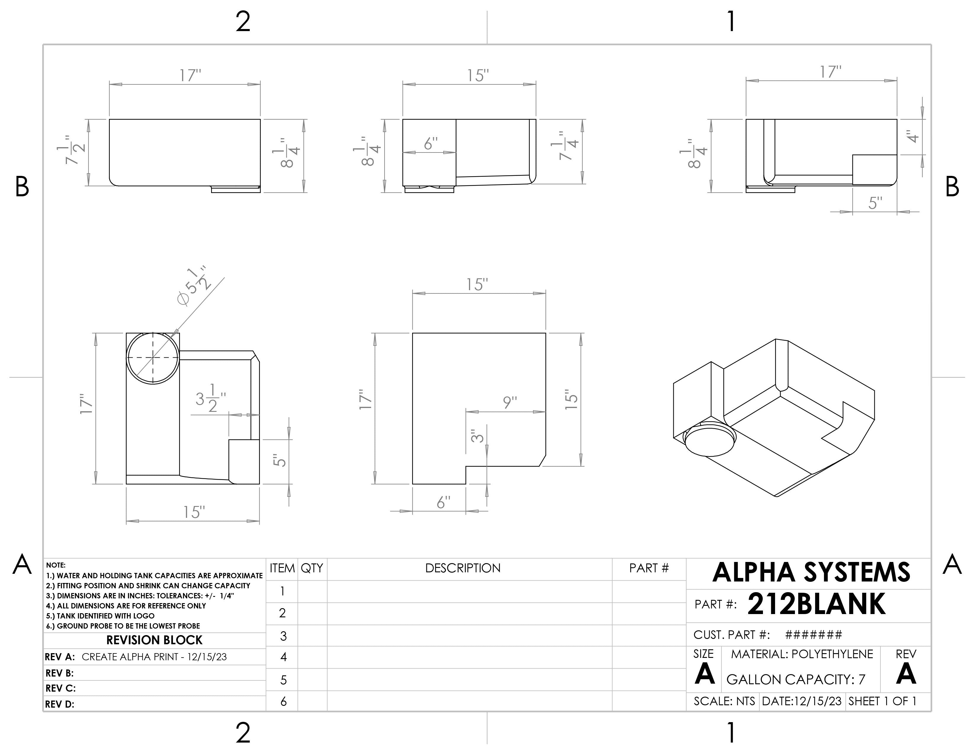 Alpha - 7 Gallons Holding Tank - 17" x 15" x 8 1/4"* - 212BLANK