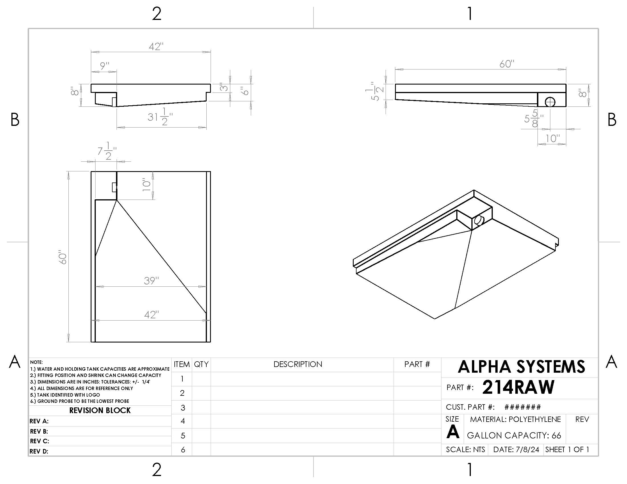 Alpha - 66 Gallons Holding Tank - 60" x 42" x 8" - 214BLANK