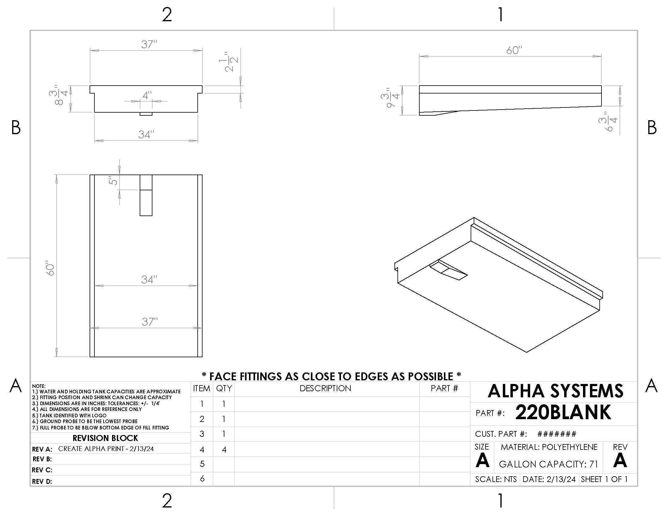 Alpha - 71 Gallons Fresh Water Tank - 60" x 37" x 9 3/4" * - 220BLANK