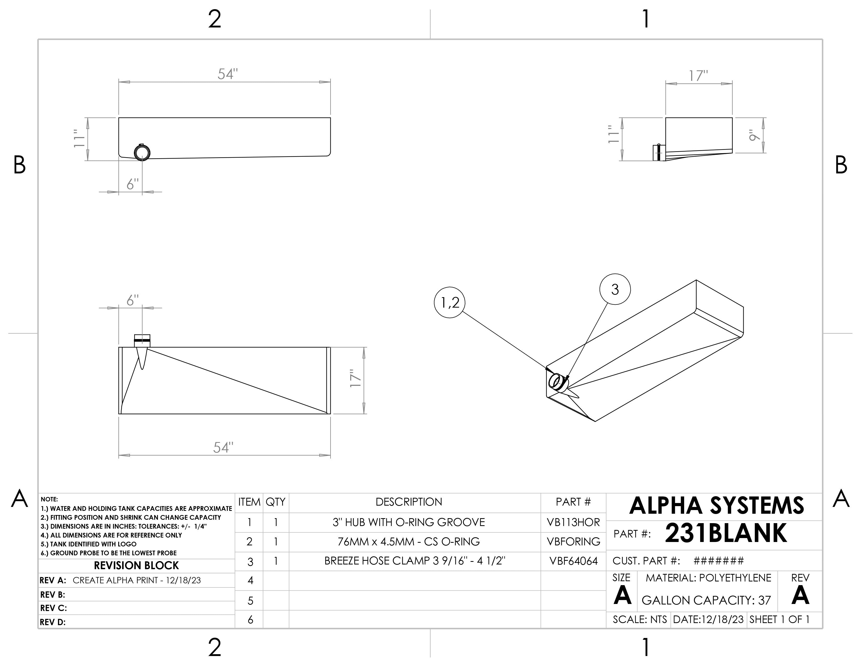 Alpha - 37 Gallons Holding Tank - 54" x 17" x 11" - 231BLANK