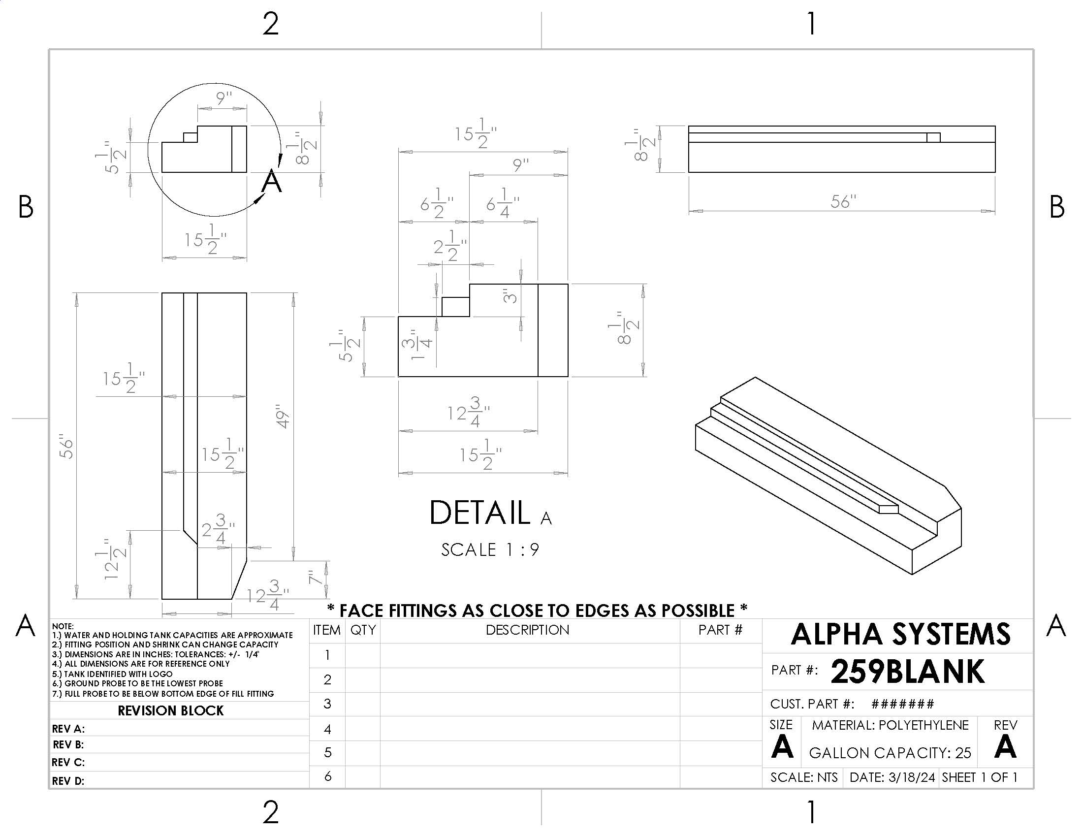 Alpha - 25 Gallons Fresh Water Tank - 56" x 15 1/2" x 8 1/2" - 259BLANK