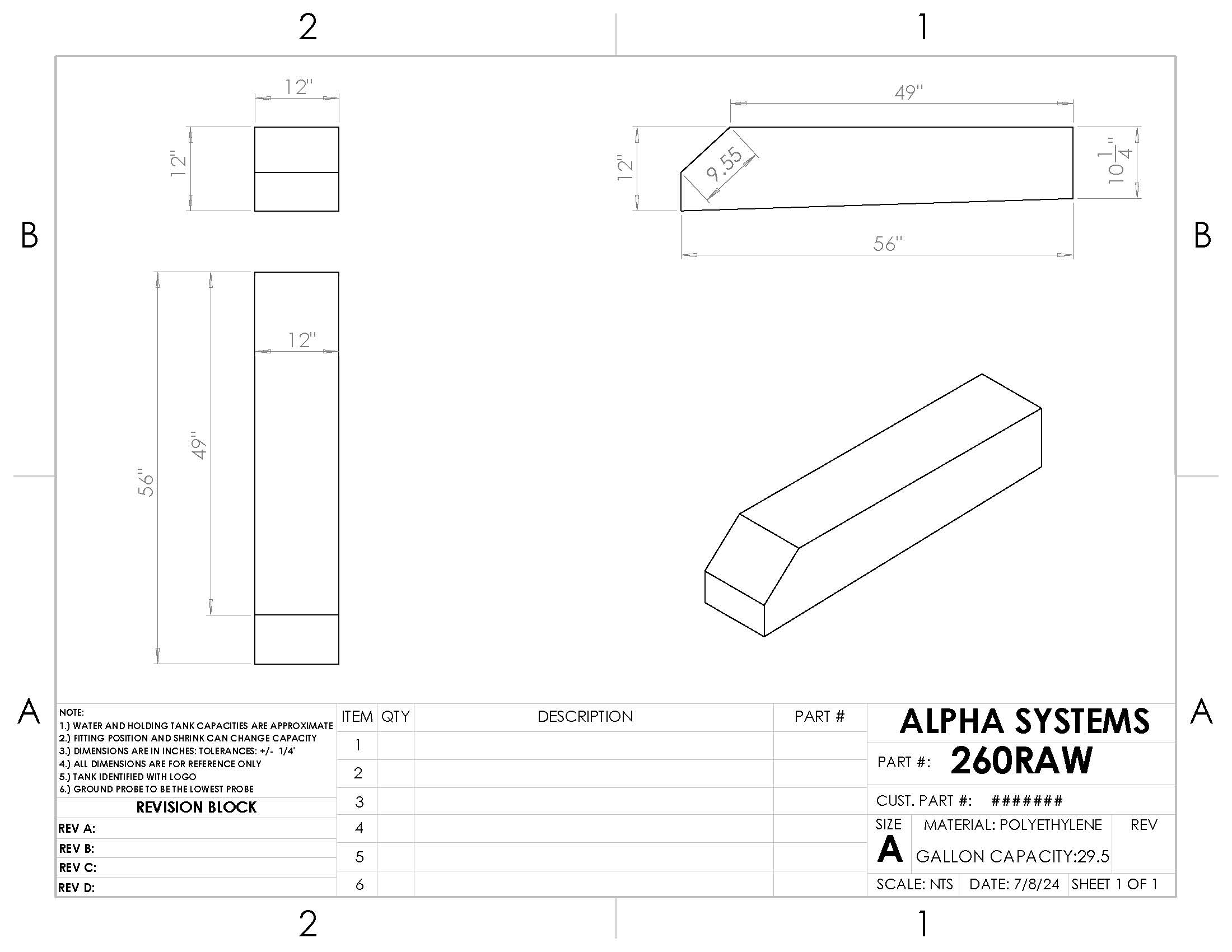 Alpha - 29.5 Gallon RV Holding Tank - 56" x 12" x 12" - 260BLANK - OEM Grade Black Water Tank