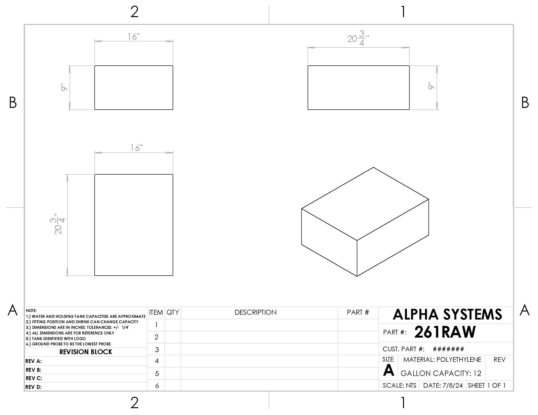 Alpha - 12 Gallons Holding Tank - 20 3/4" x 16" x 9" - 261BLANK