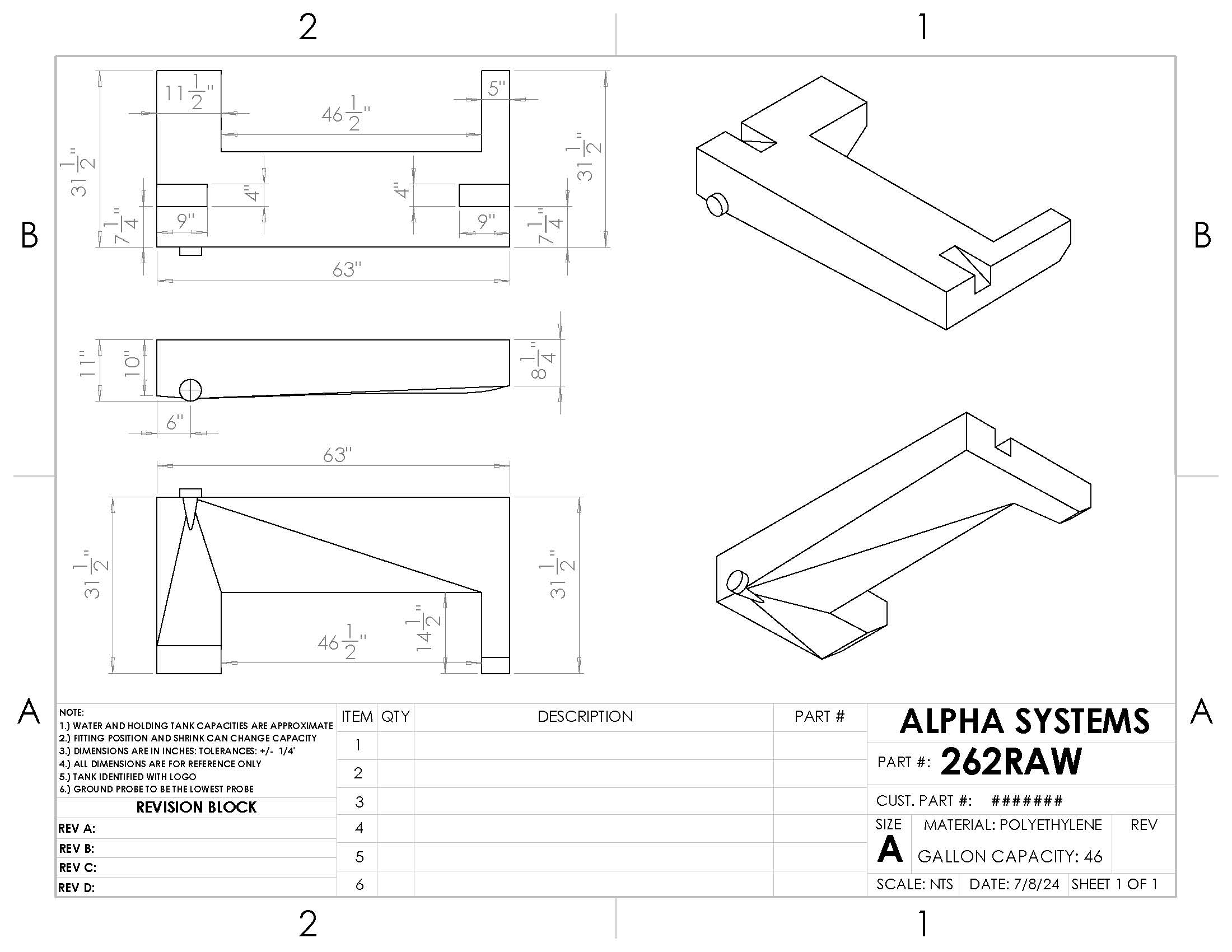 Alpha - 46 Gallons Holding Tank - 63" x 31 1/2" x 11"* - 262BLANK