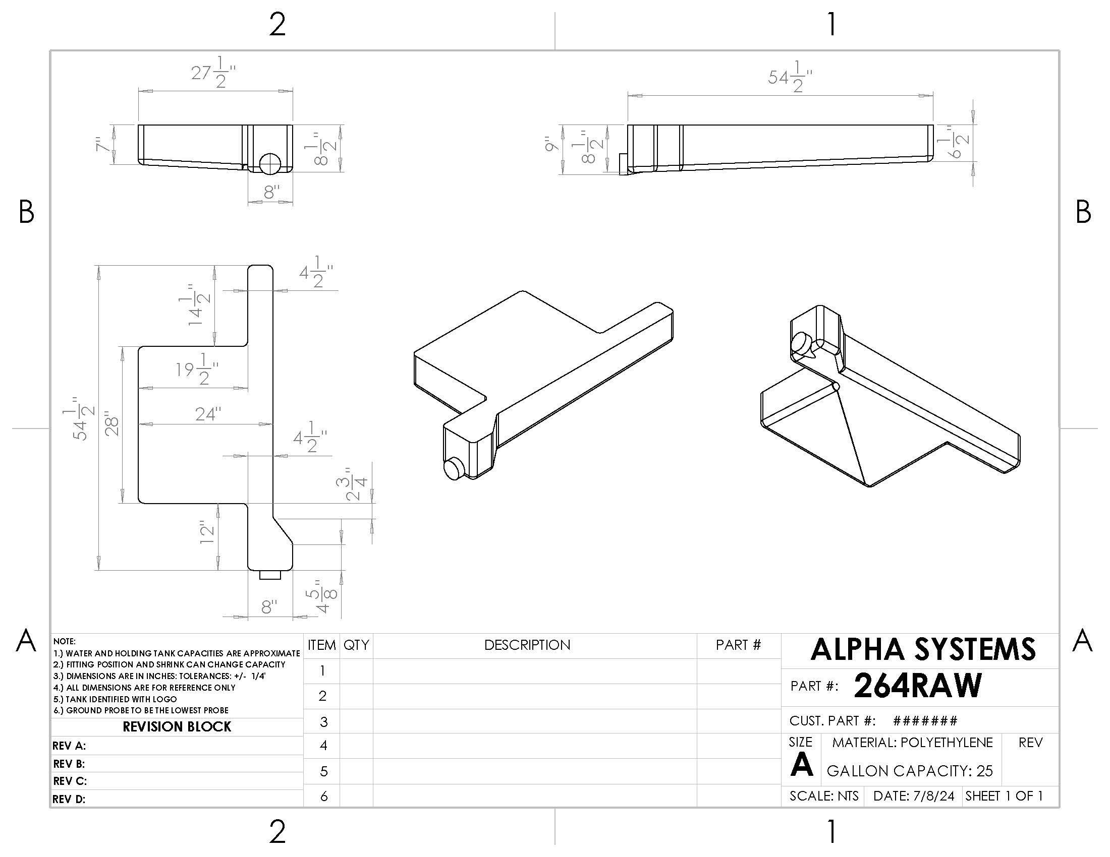 Alpha - 25 Gallons Holding Tank - 54 1/2" x 27 1/2" x 9" - 264BLANK
