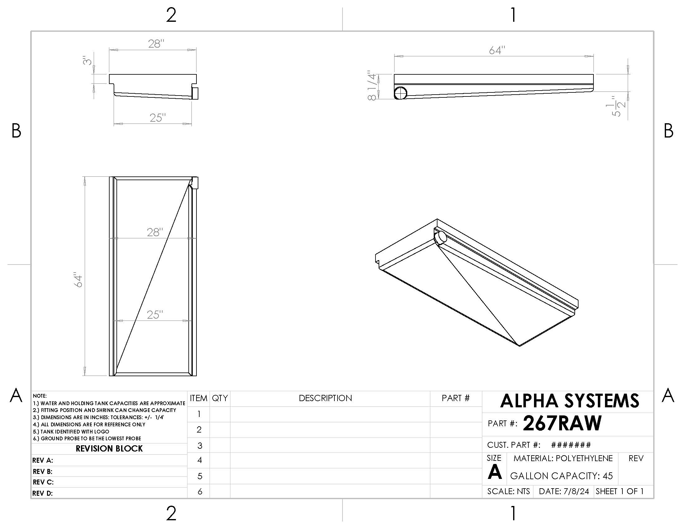 Alpha - 45 Gallons Holding Tank - 64" x 28" x 8 1/4" - 267BLANK