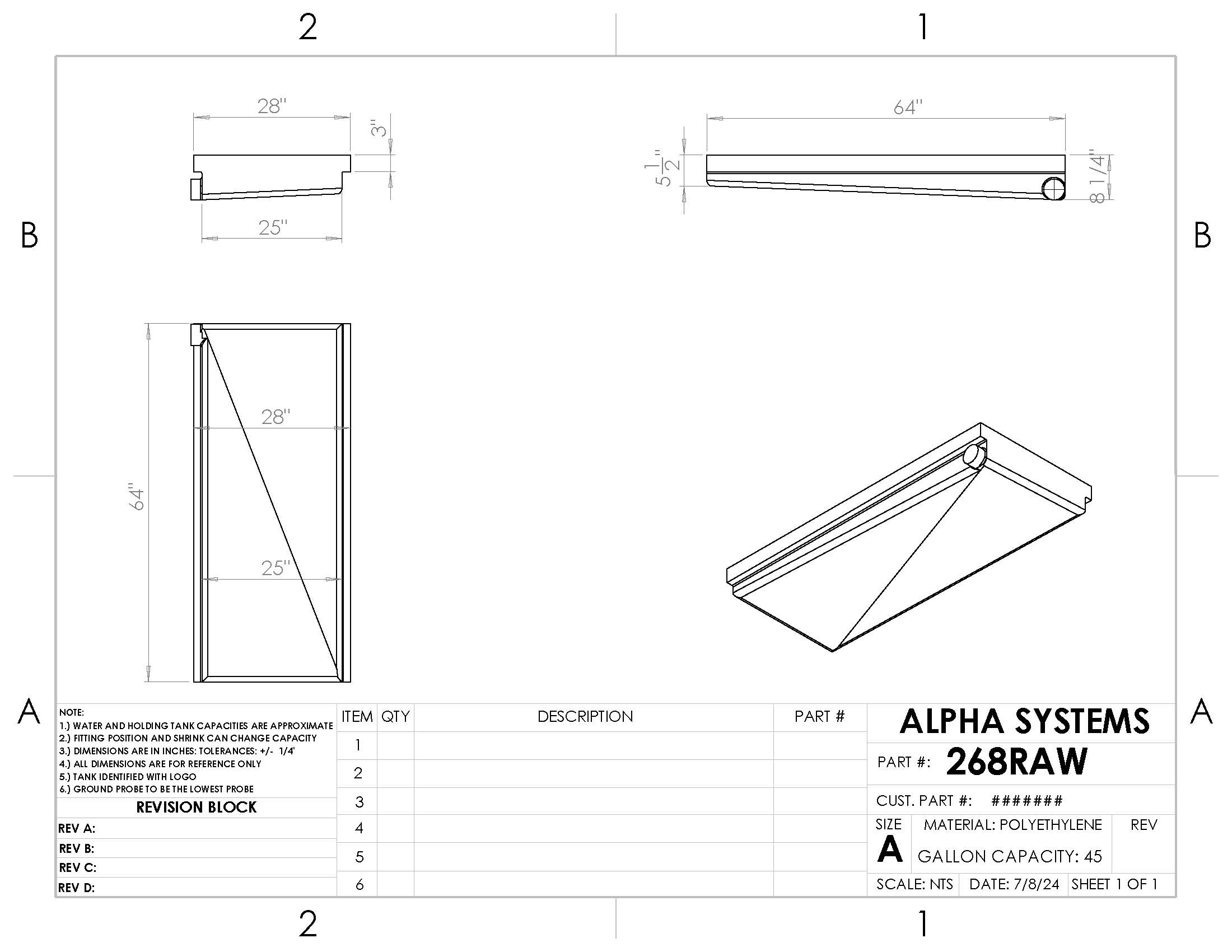 Alpha - 45 Gallons Holding Tank - 64" x 28" x 8 1/4" - 268BLANK