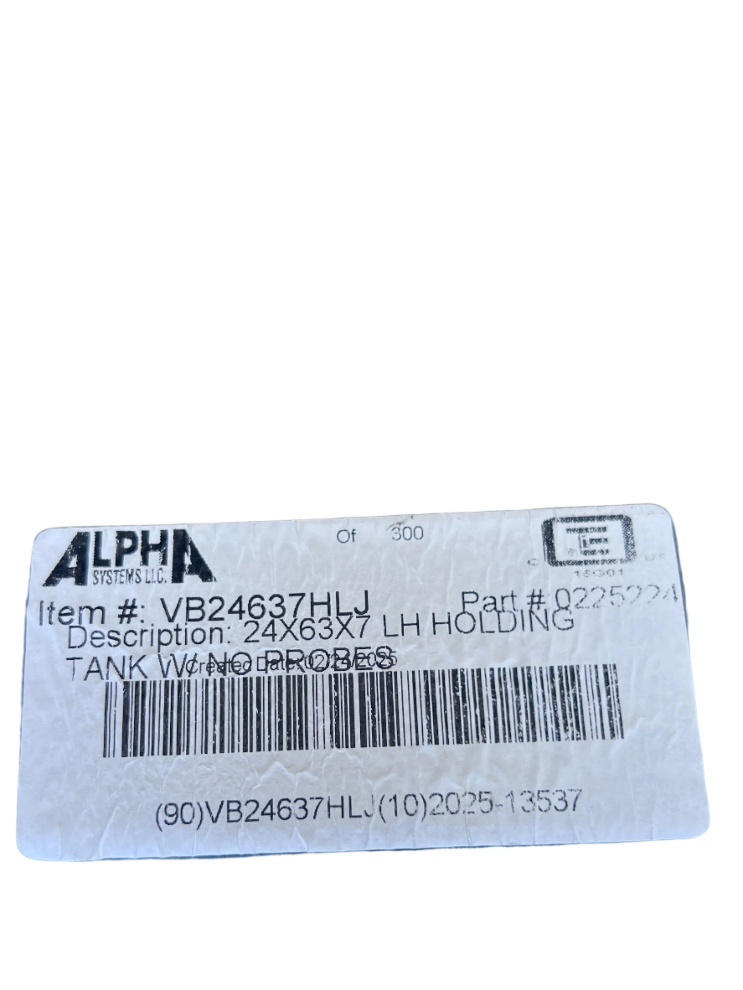 Alpha - 40 Gallon RV Black Holding Tank 63x25x7 VB24637HRBLANK (Previously - VB24637HR) - OEM Grade Blank Waste Tank No Fittings