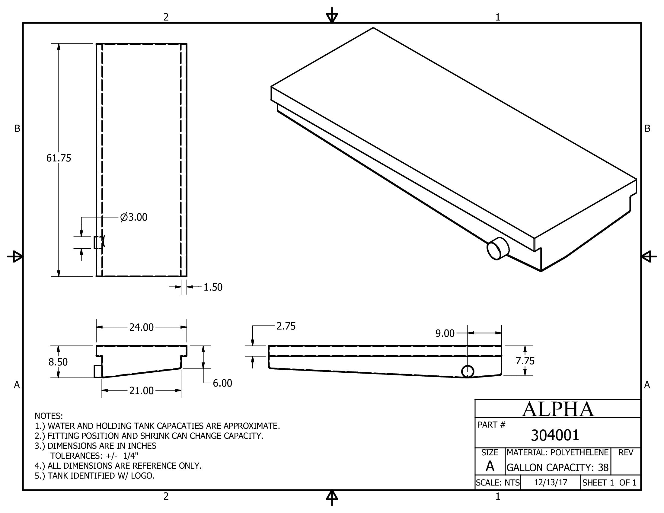 Alpha - 43 Gallons Holding Tank - 61 3/4" x 24" x 8 1/2" - 304BLANK