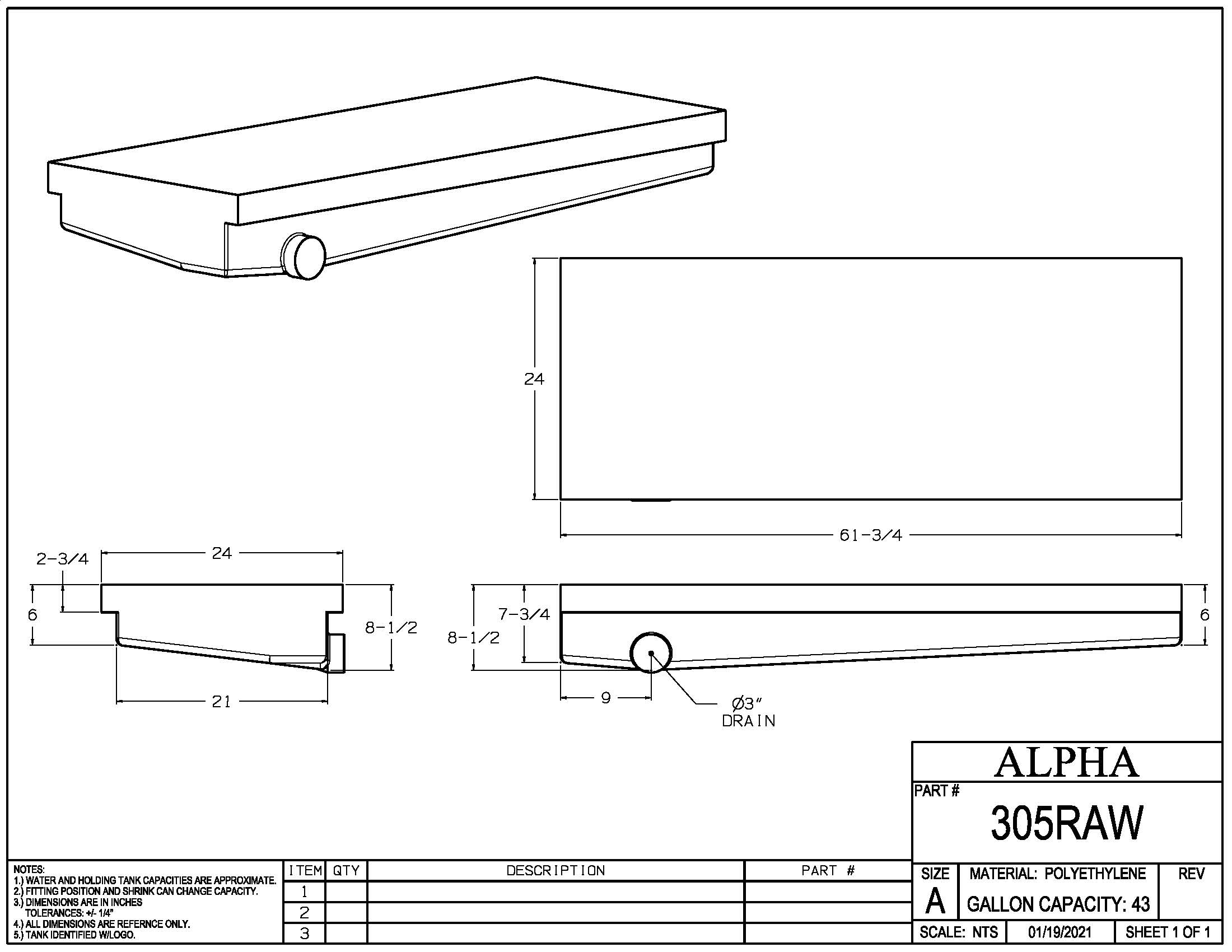 Alpha - 43 Gallons Holding Tank - 61 3/4" x 24" x 8 1/2" - 305BLANK