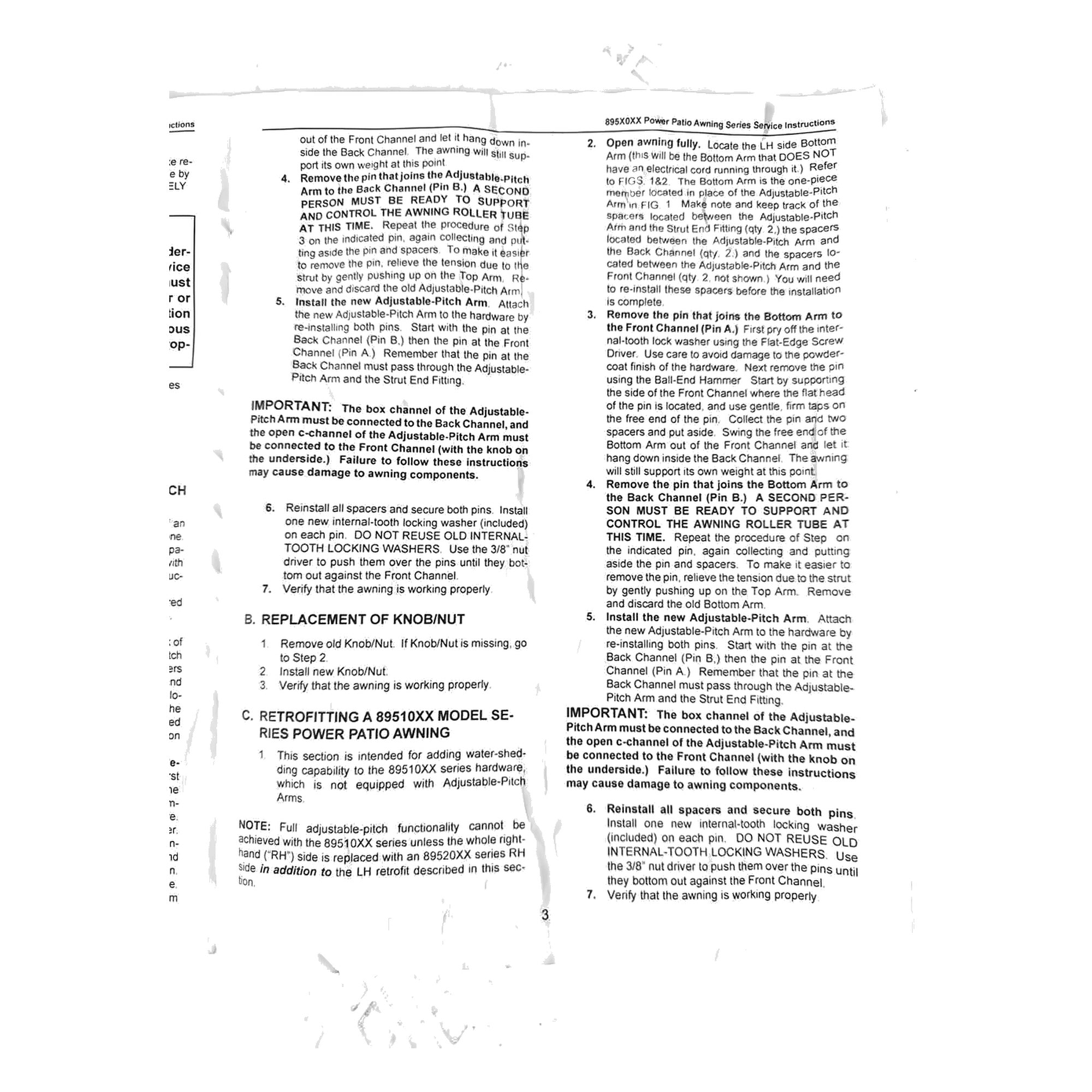 Installation instructions/service document for Dometic 3312508.017B pitch arm assembly - installation steps