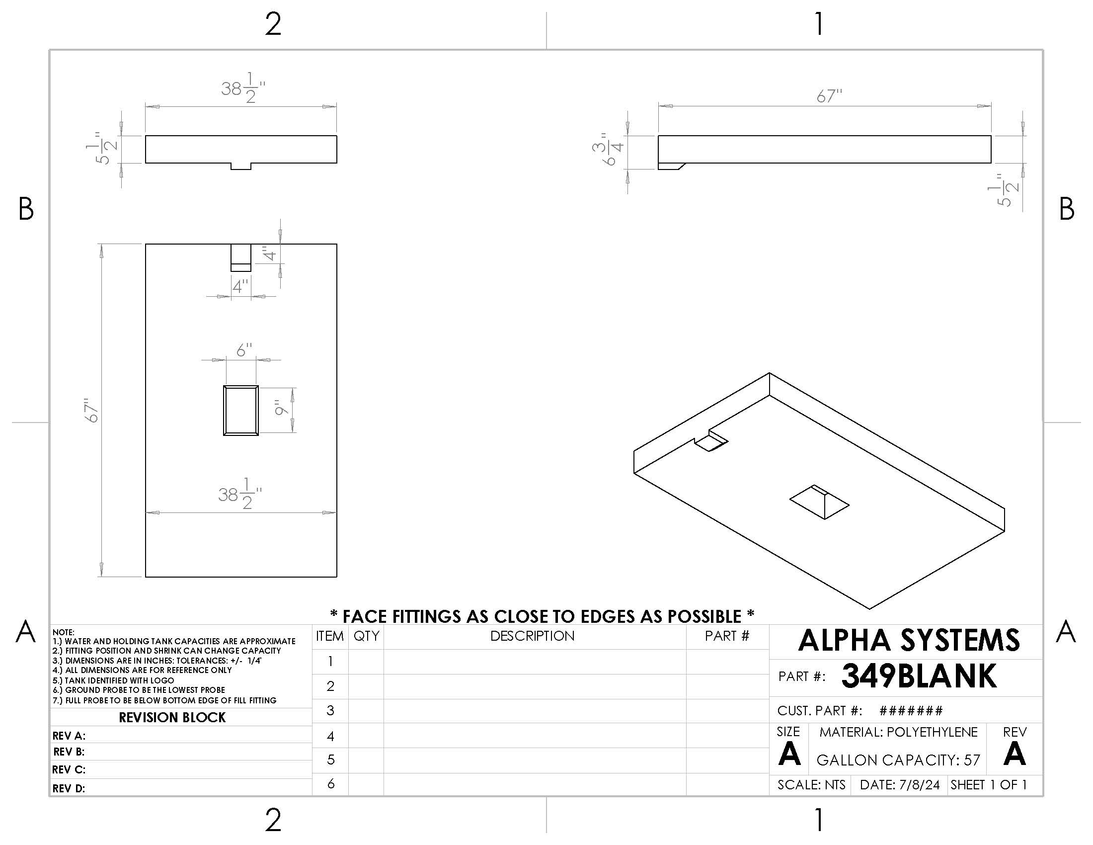 Alpha - 57 Gallons Fresh Water Tank - 67" x 38 1/2" x 6 3/4"* - 349BLANK