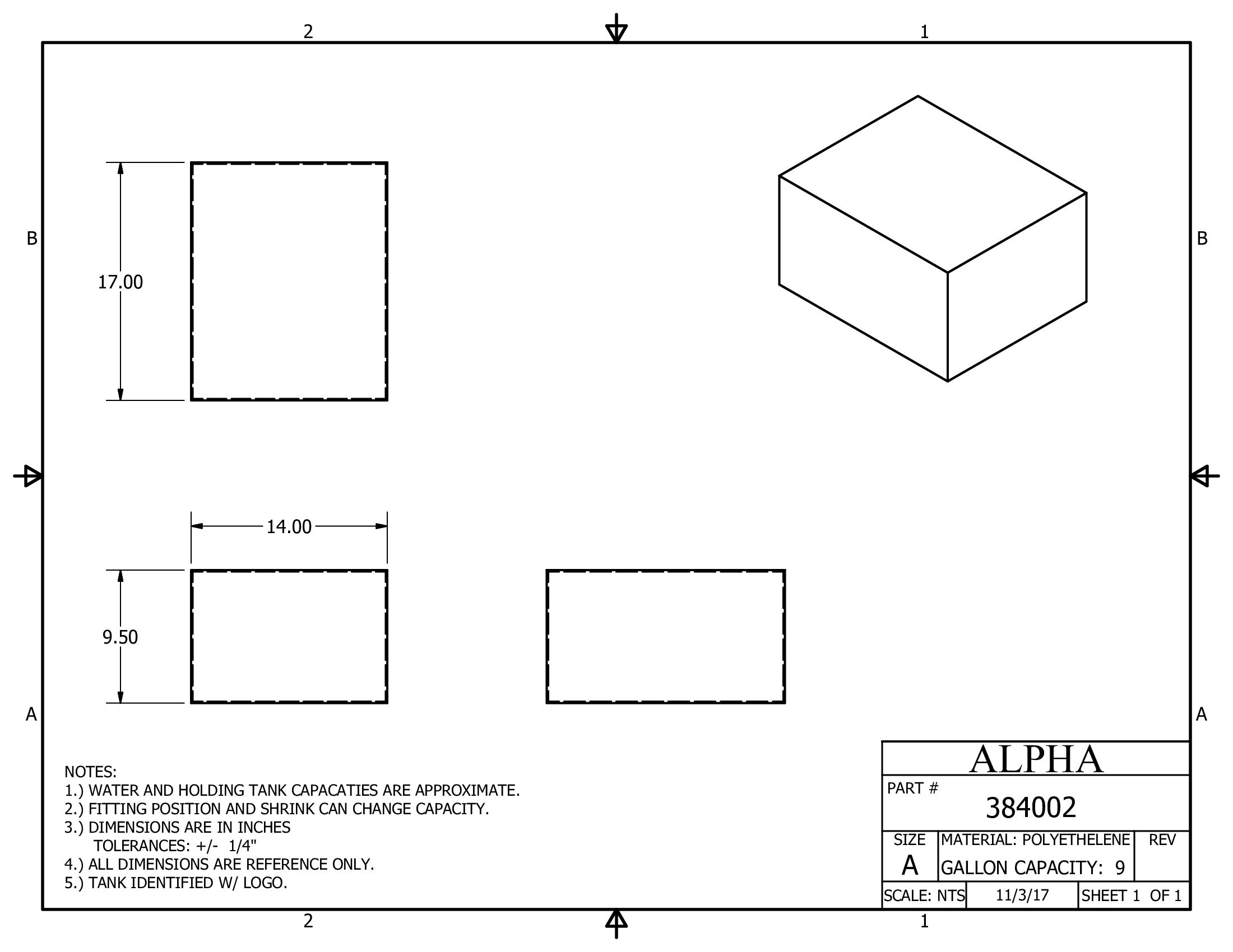 10 Gallon RV Fresh Water Tank 17x14x9.5 - Alpha 384BLANK - FDA Approved Polyethylene