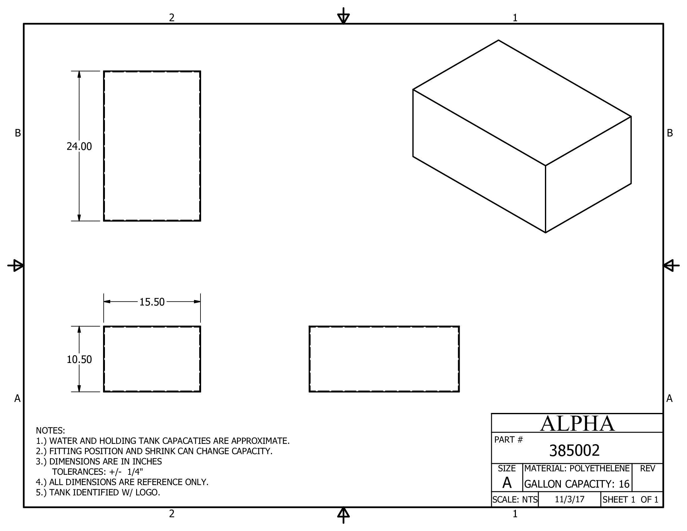 Alpha - 16 Gallons Fresh Water Tank - 24" x 15 1/2" x 10 1/2" - Blank Tank No Fittings - 385BLANK