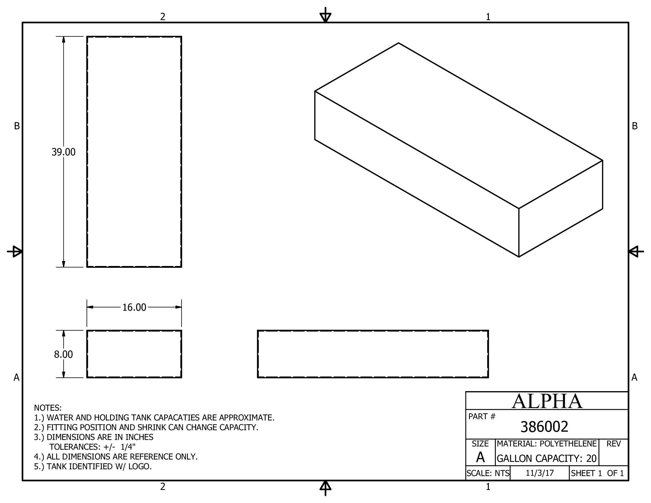 Alpha - 21 Gallons Fresh Water Tank - 39" x 16" x 8" - 386BLANK