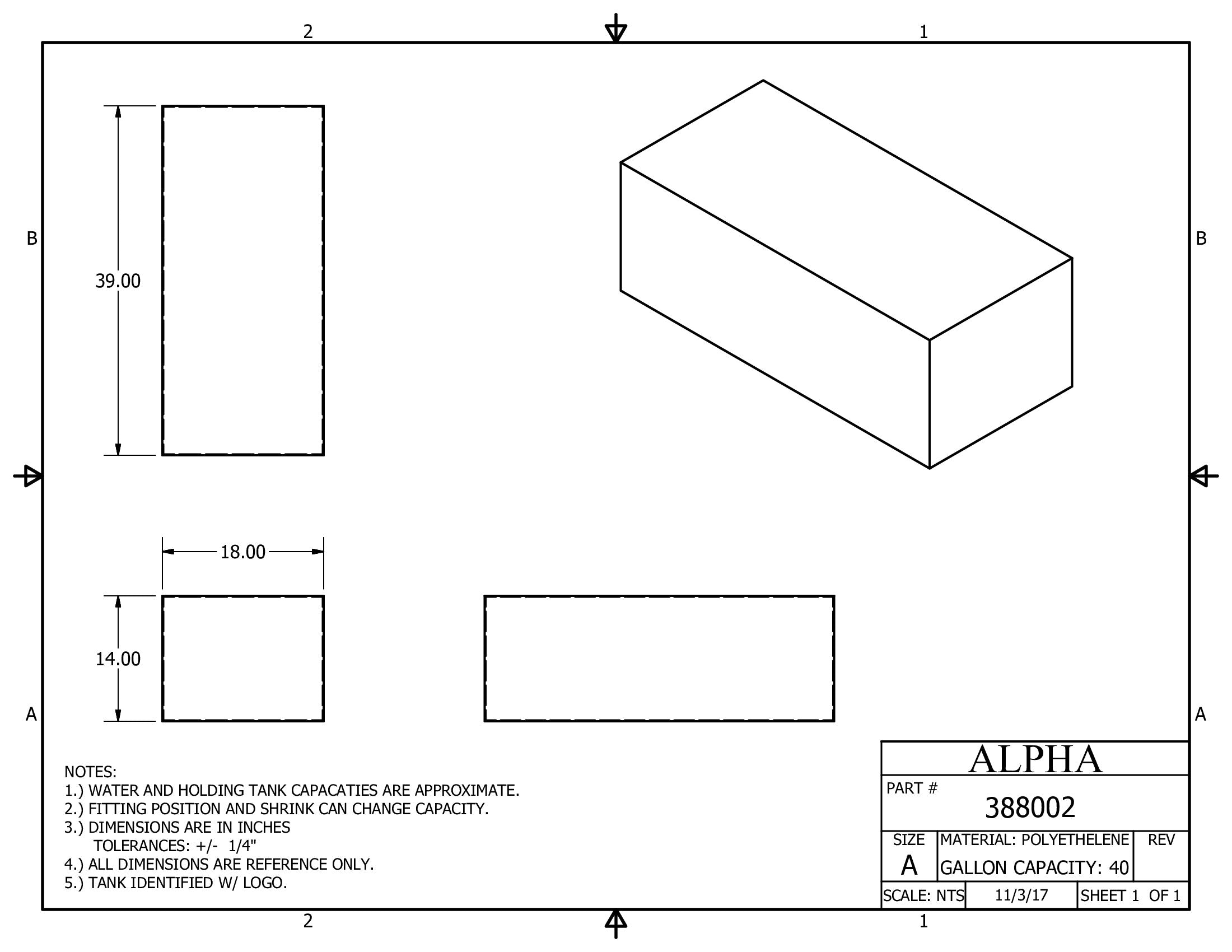 40 Gallon RV Fresh Water Tank - Alpha 388BLANK - 39x18x14 FDA Approved Polyethylene