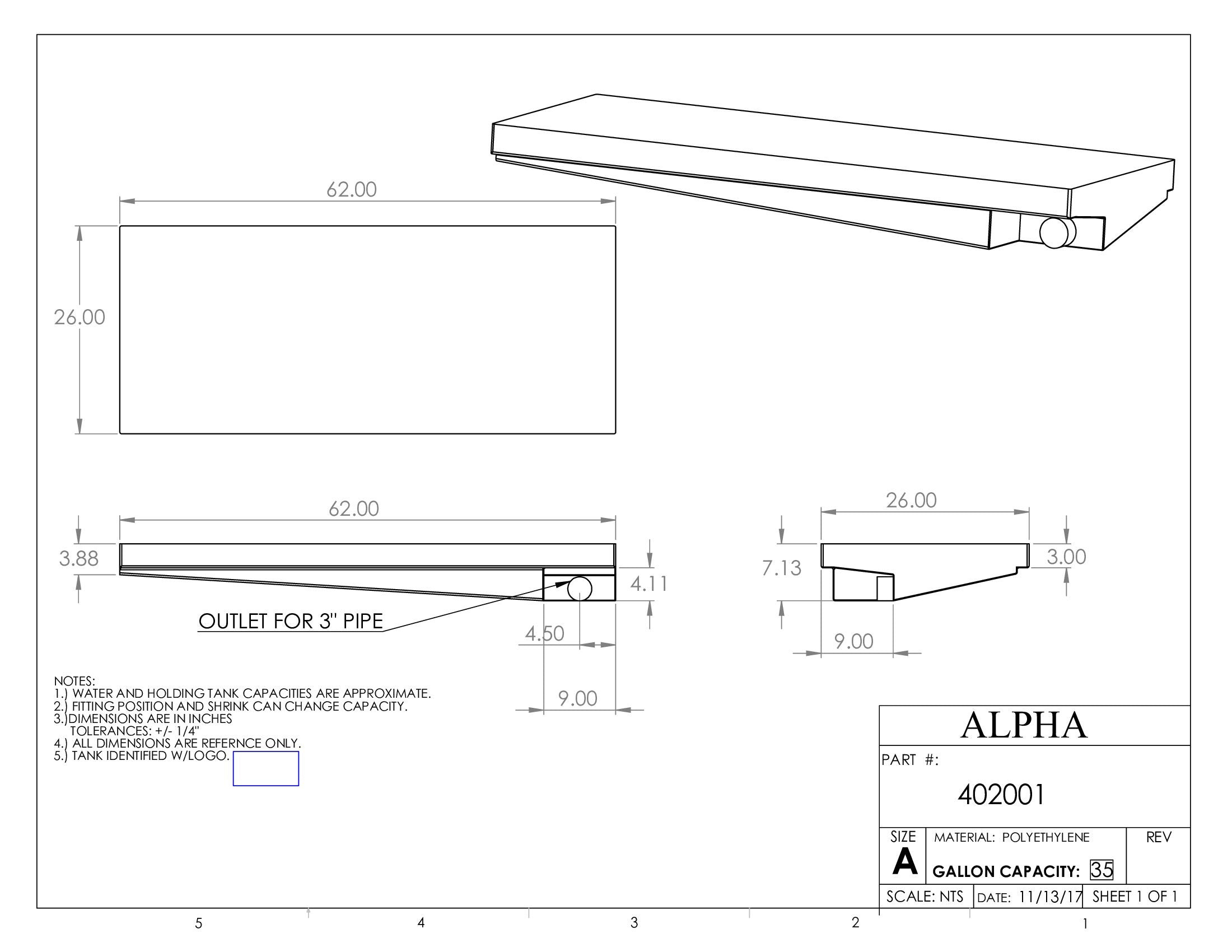 Alpha - 26 Gallons Holding Tank - 62" x 26" x 7 1/2" - 402BLANK