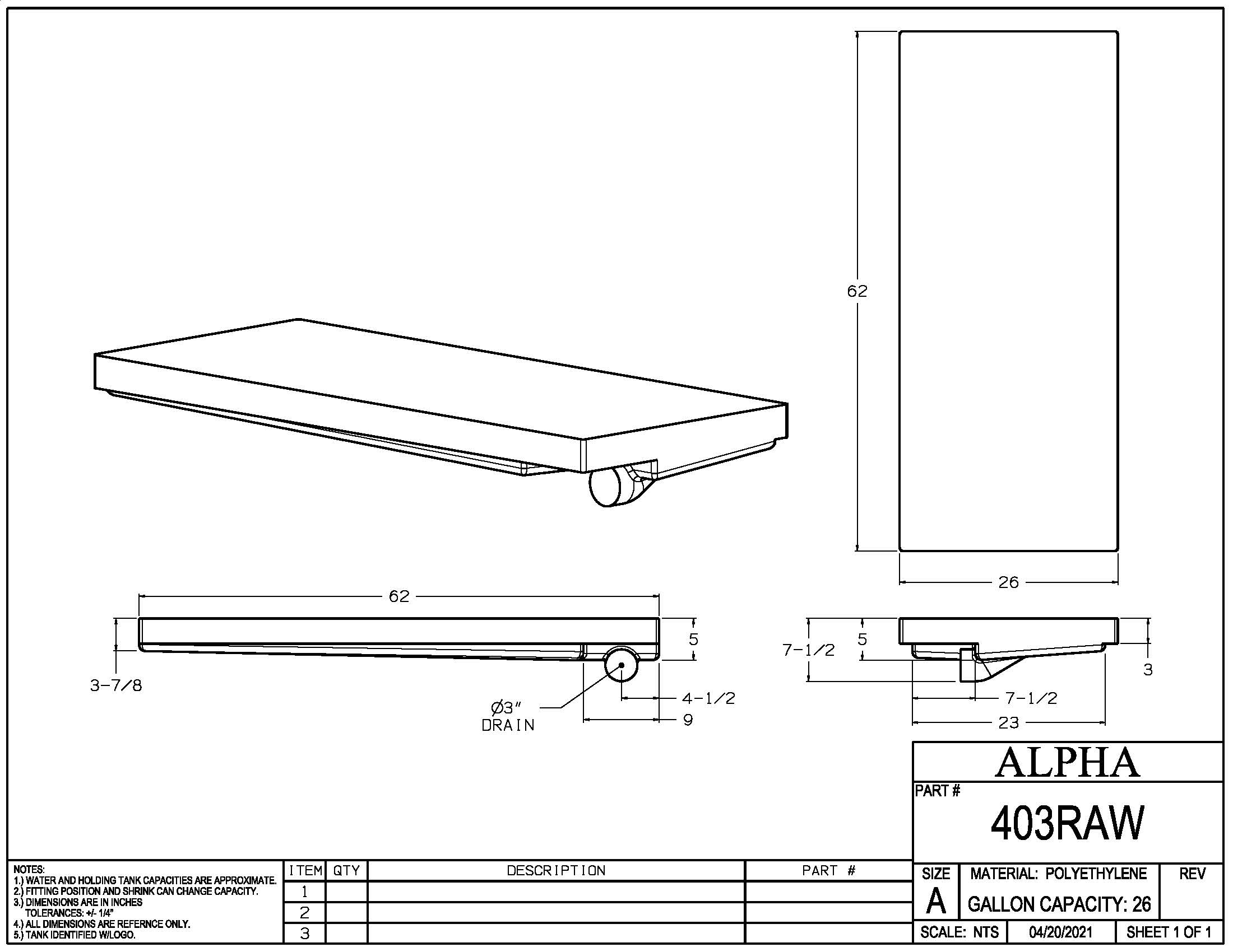 Alpha - 26 Gallons Holding Tank - 62" x 26" x 7 1/2" - 403BLANK