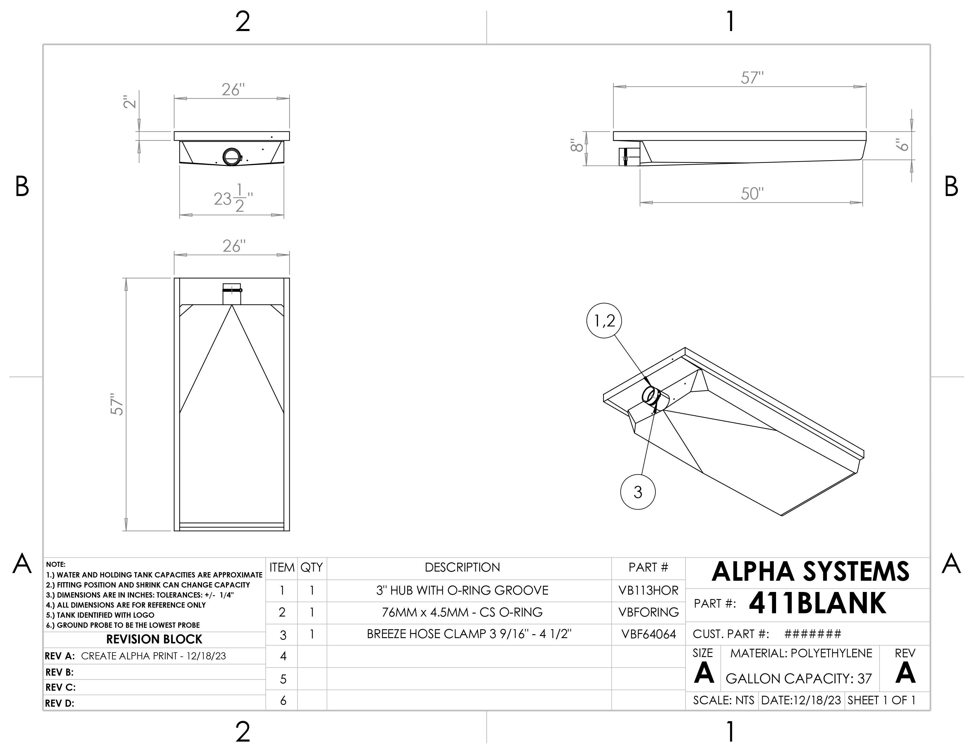 Alpha - 37 Gallons Holding Tank - 57" x 26" x 8" - 411BLANK