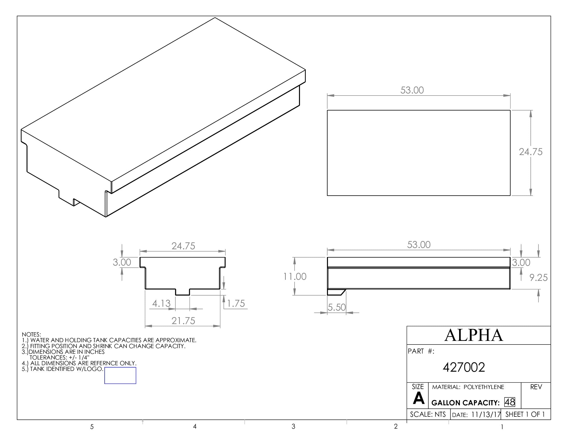 Alpha - 48.5 Gallons Fresh Water Tank - 53" x 24.75" x 11" - 427BLANK