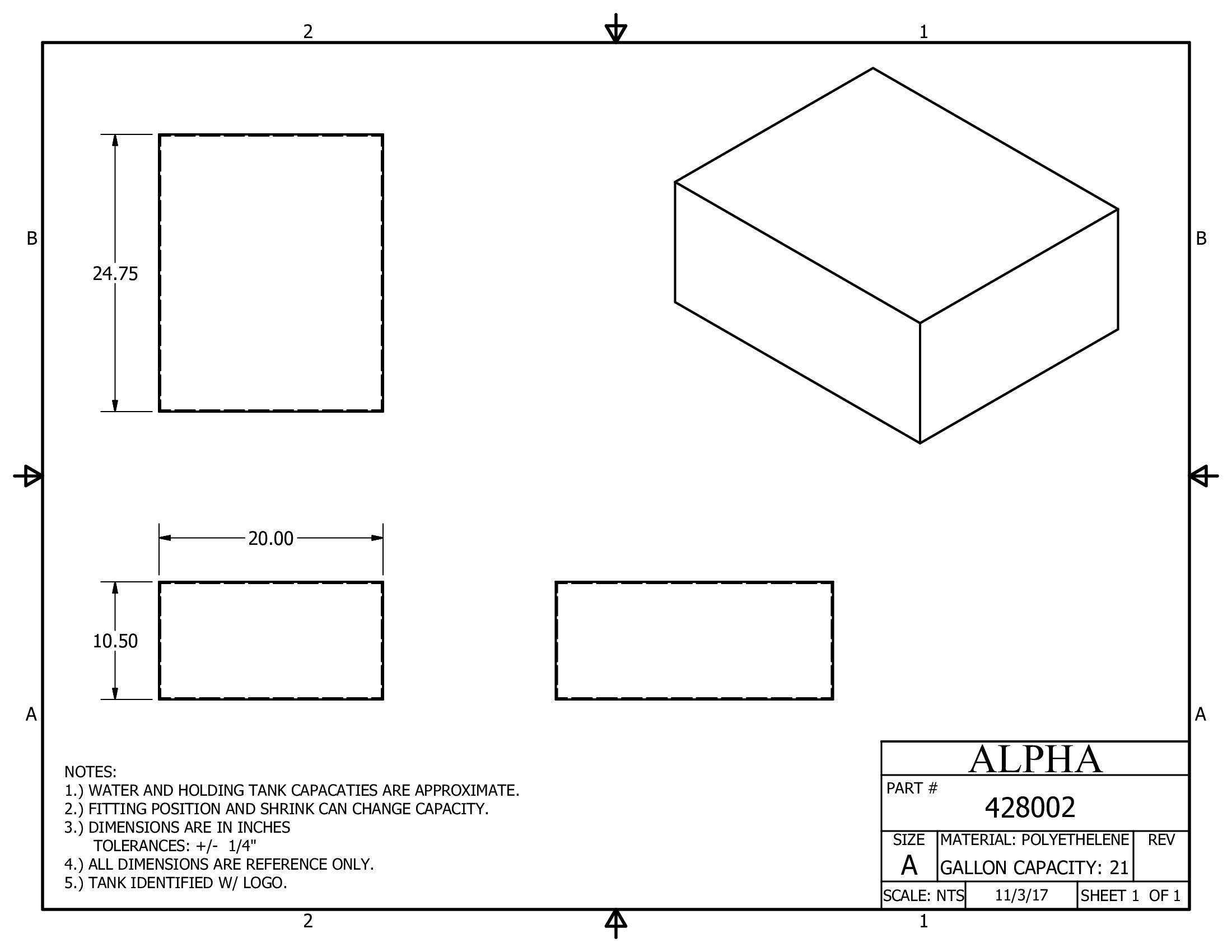 Alpha - 22.5 Gallons Fresh Water Tank - 24 3/4" x 20" x 10 1/2" - 428BLANK