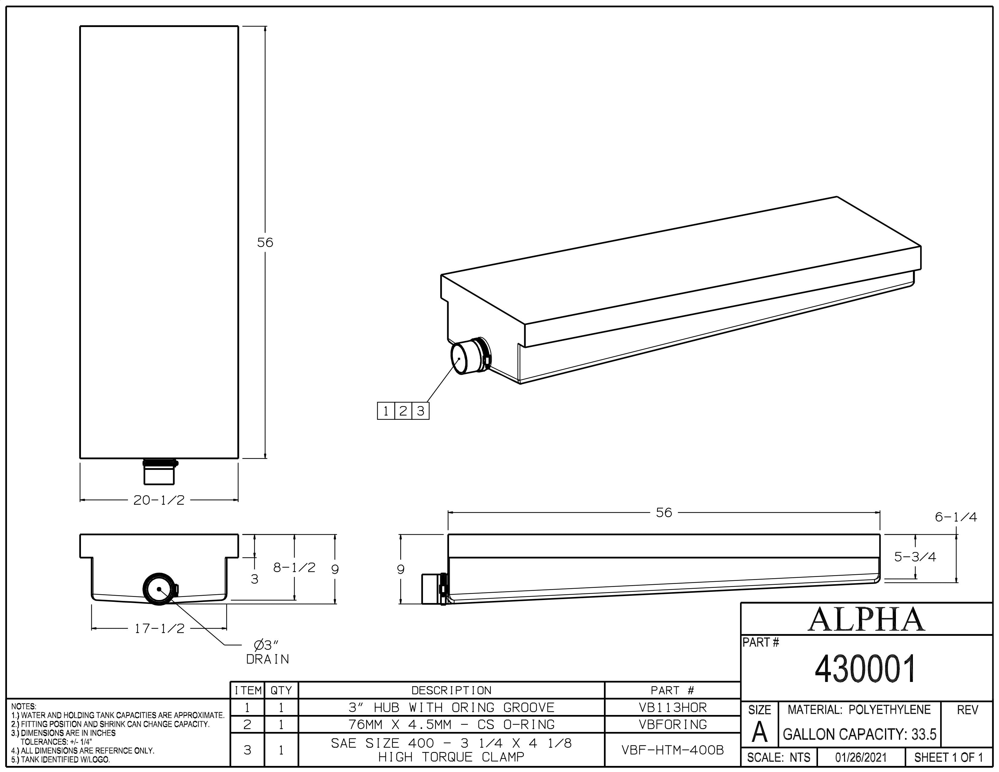 Alpha - 33.5 Gallons Holding Tank - 56" x 20 1/2" x 9" - 430BLANK