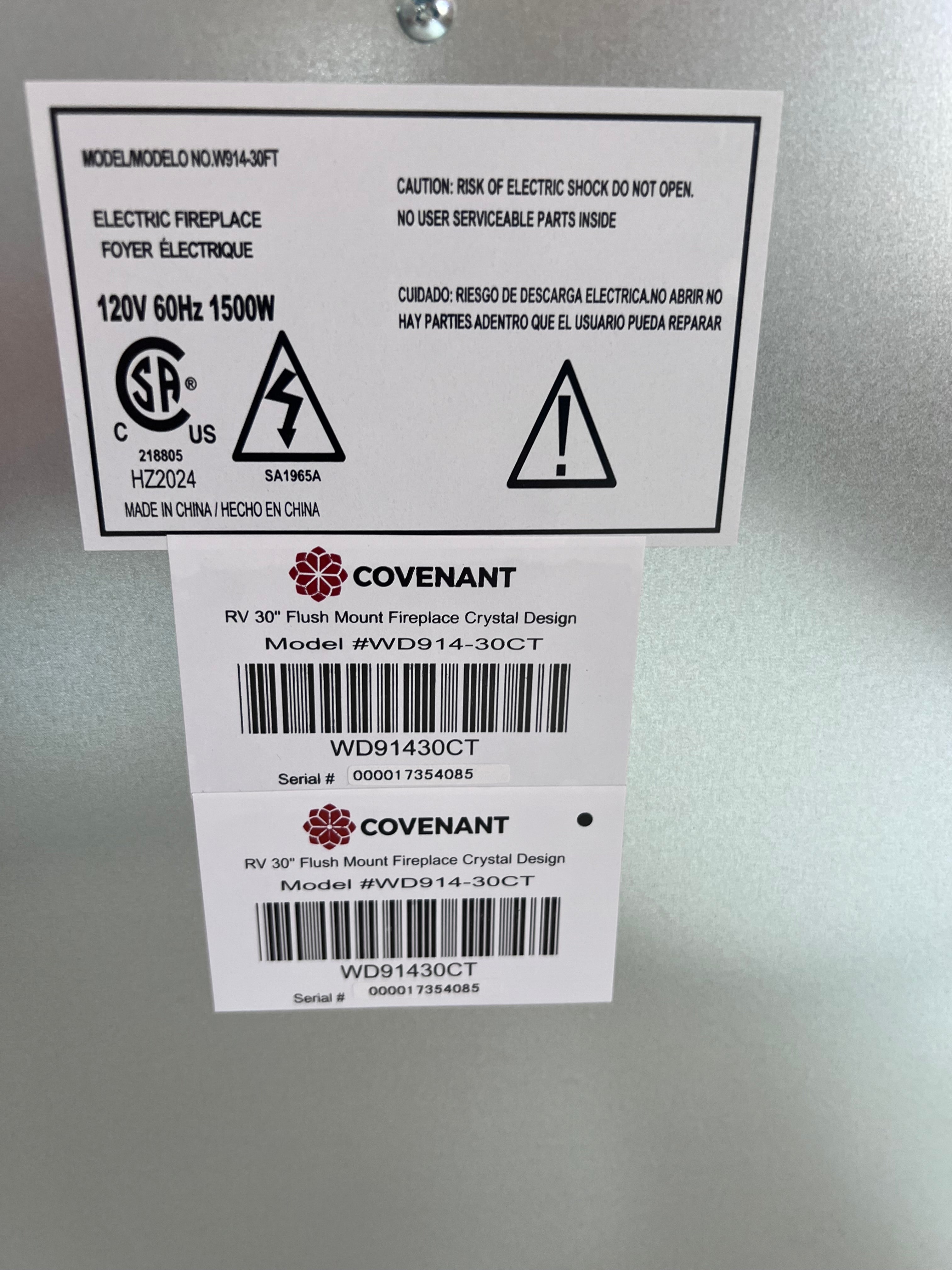 Covenant - 30" Electric RV Fireplace Flat Glass Front with Crystals Remote Control LFP30-CT W914-30CT OEM Replacement