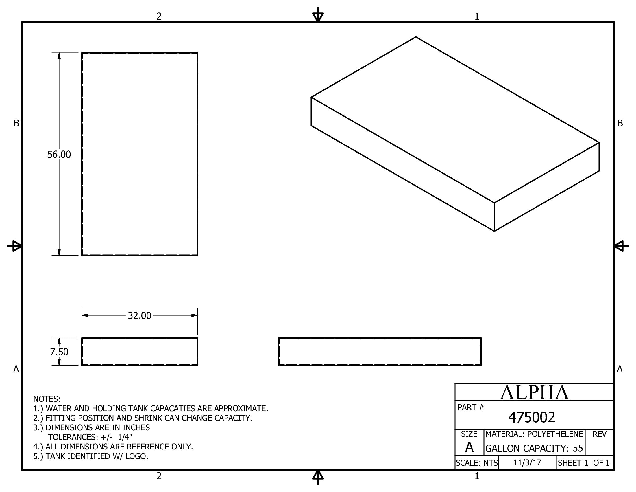 Alpha - 55 Gallons Fresh Water Tank - 56" x 32" x 7 1/2" - 475BLANK